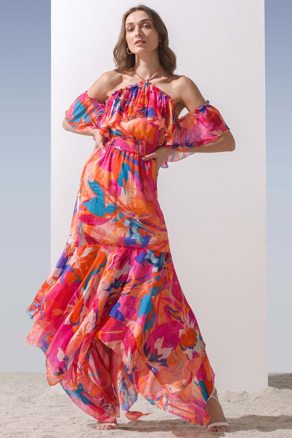 Buy Halter Asymmetric Printed Dress by Mandira Wirk