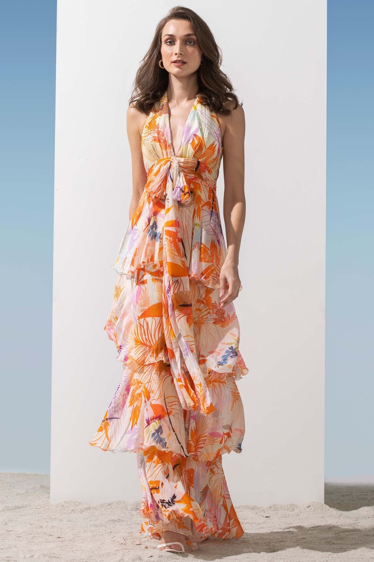 Buy Halter Chiffon Tiered Dress by Mandira Wirk