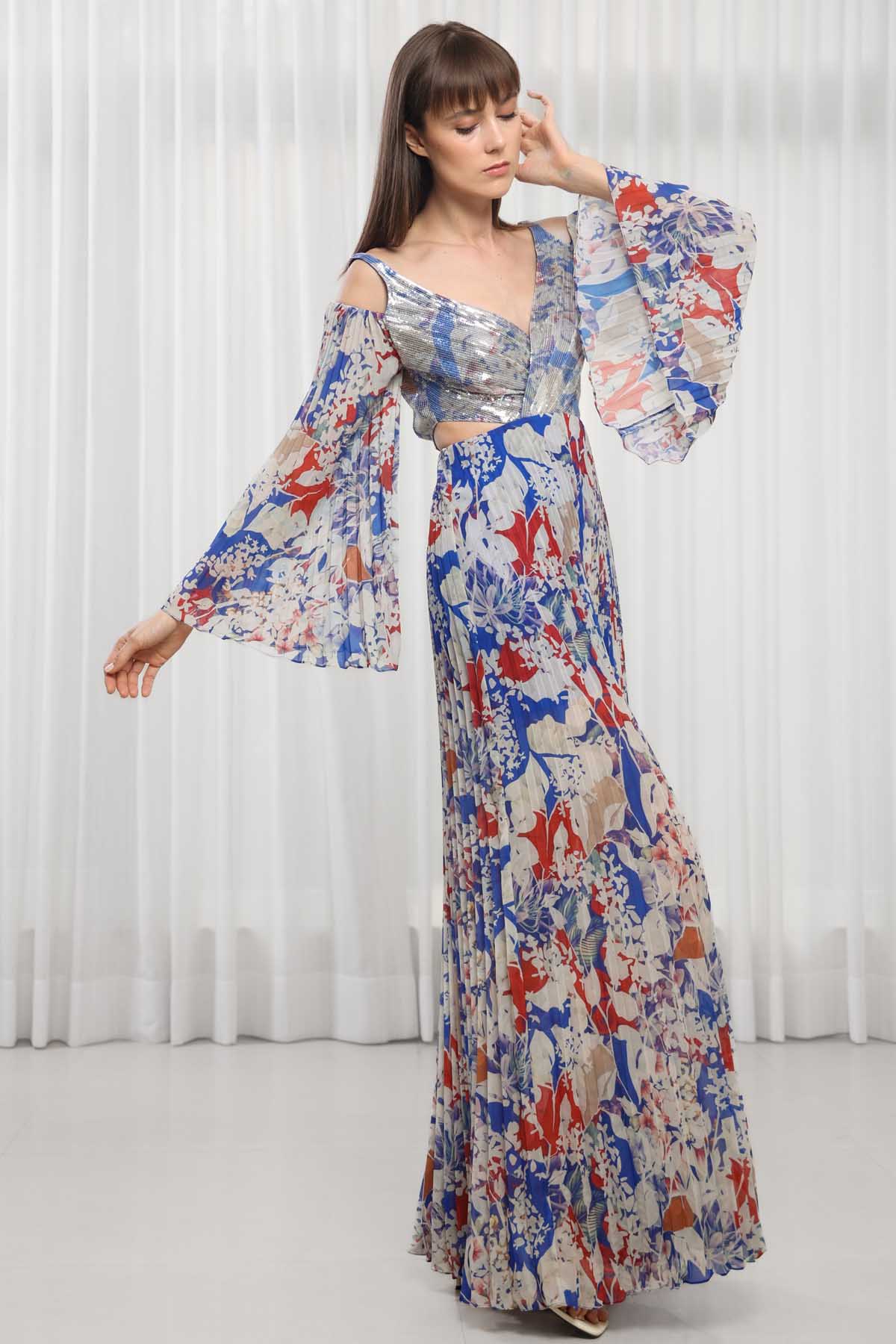 Heat Pleated Printed Yoke Gown