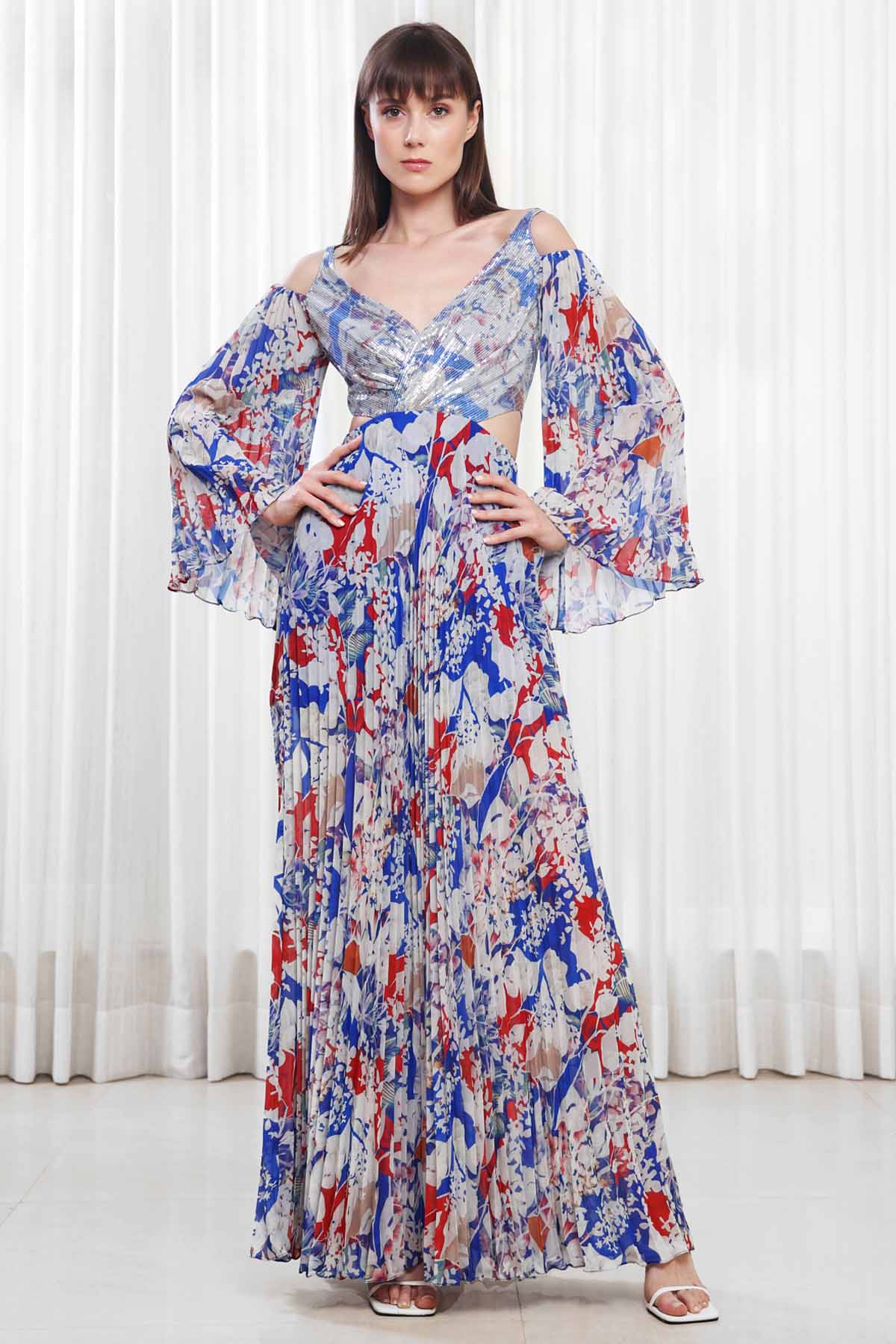 Buy Heat Pleated Printed Yoke Gown by Mandira Wirk