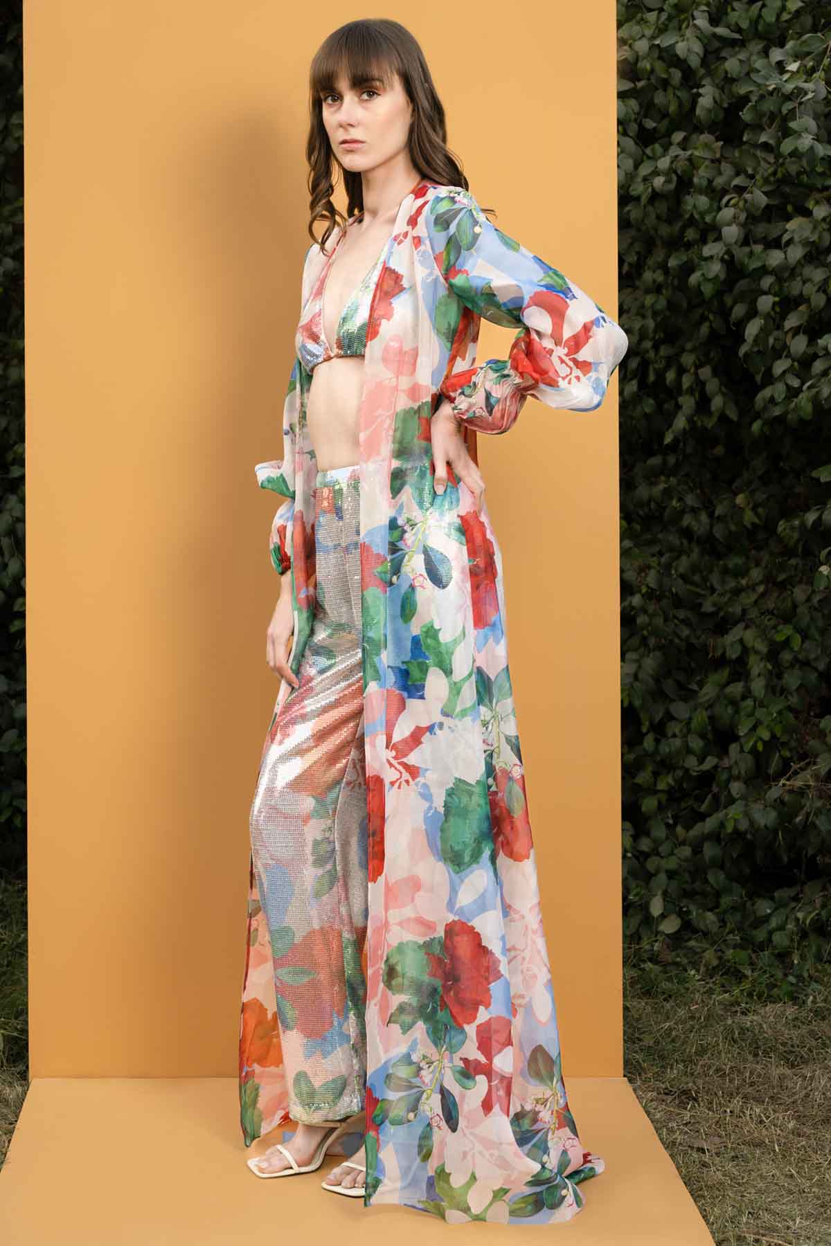Hibiscus Printed Sequins Cape Set