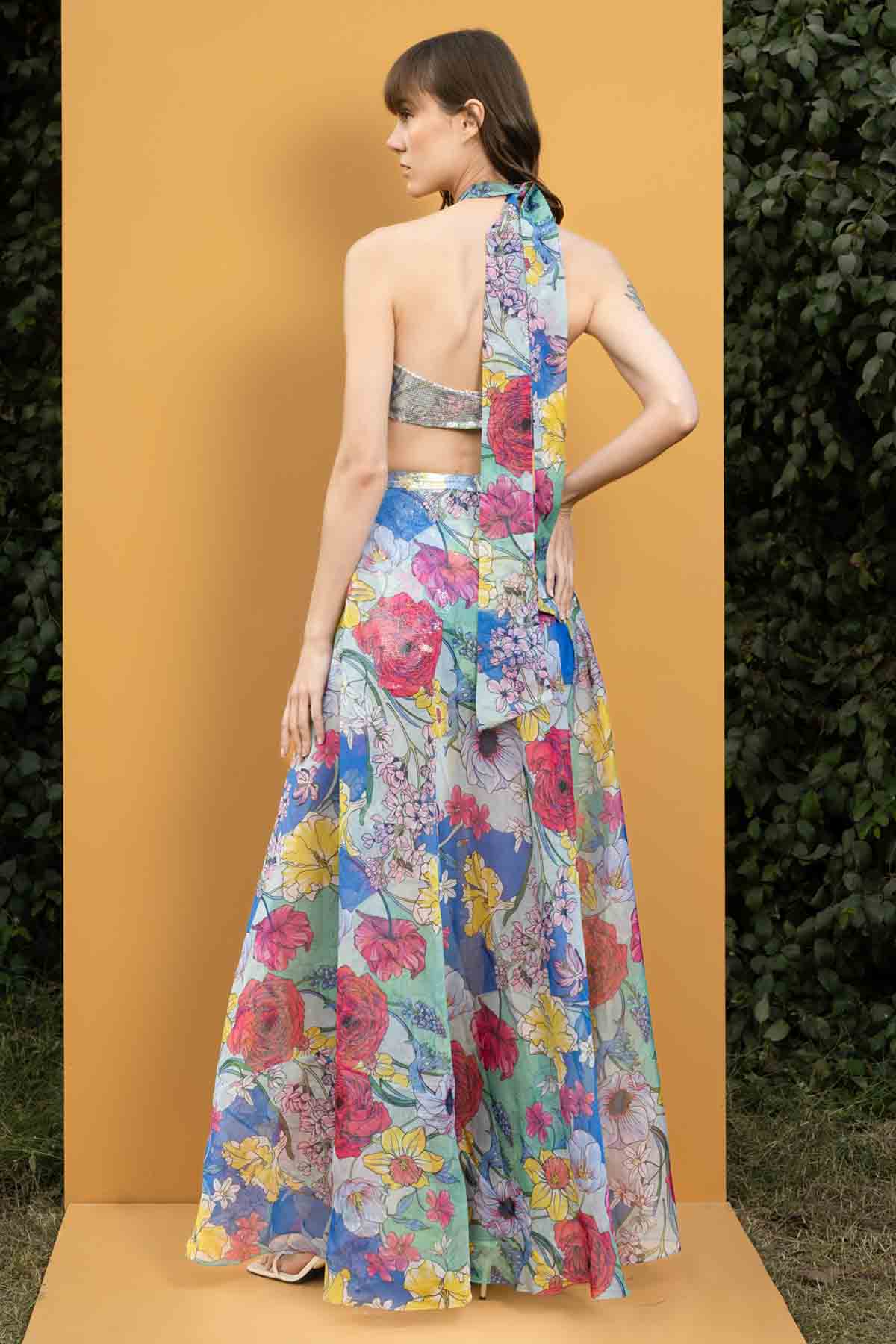 Hibiscus Printed Sequins Romper Gown