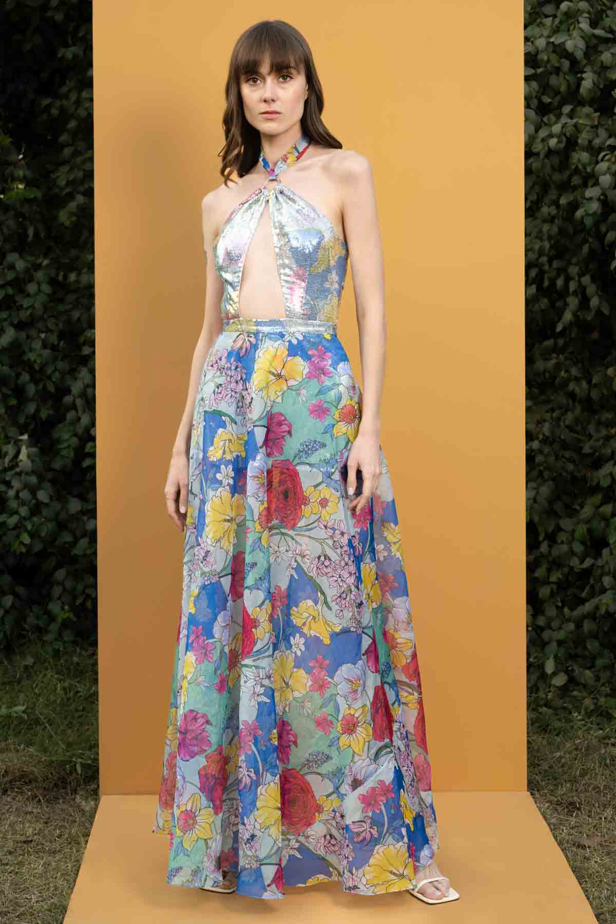 Hibiscus Printed Sequins Romper Gown