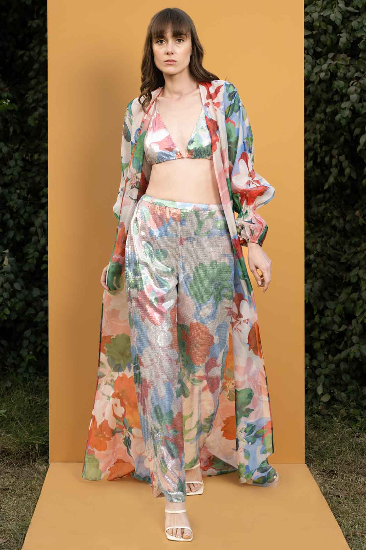 Buy Hibiscus Printed Sequins Cape Set by Mandira Wirk