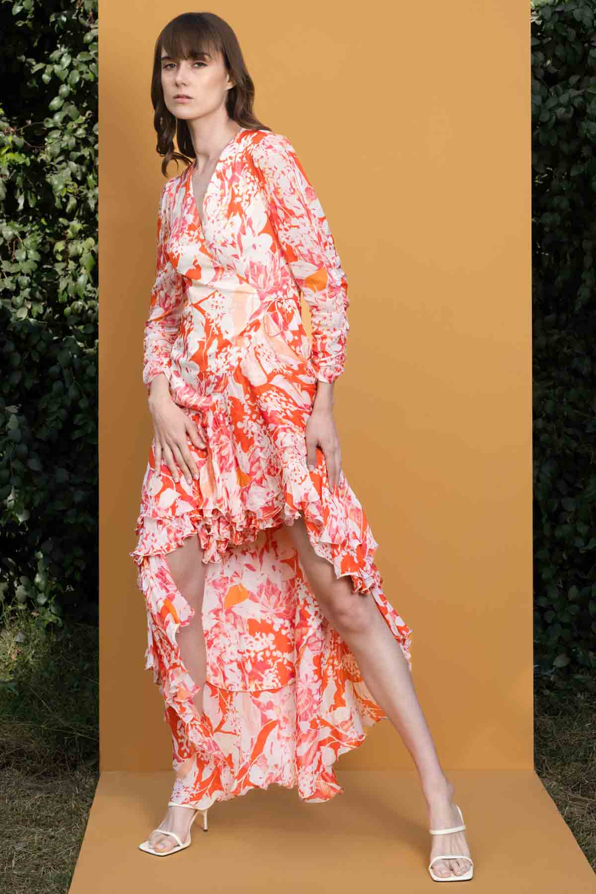 High Low Maple Leaves Printed Dress