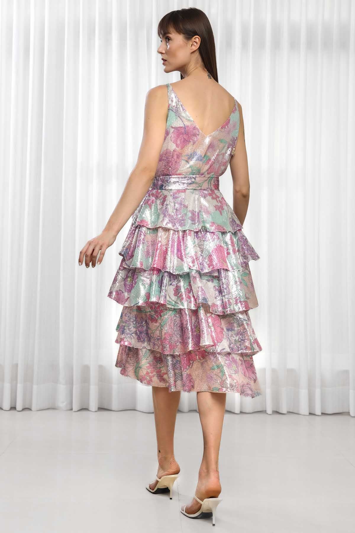 Hisbiscus Printed Sequins Layered Dress