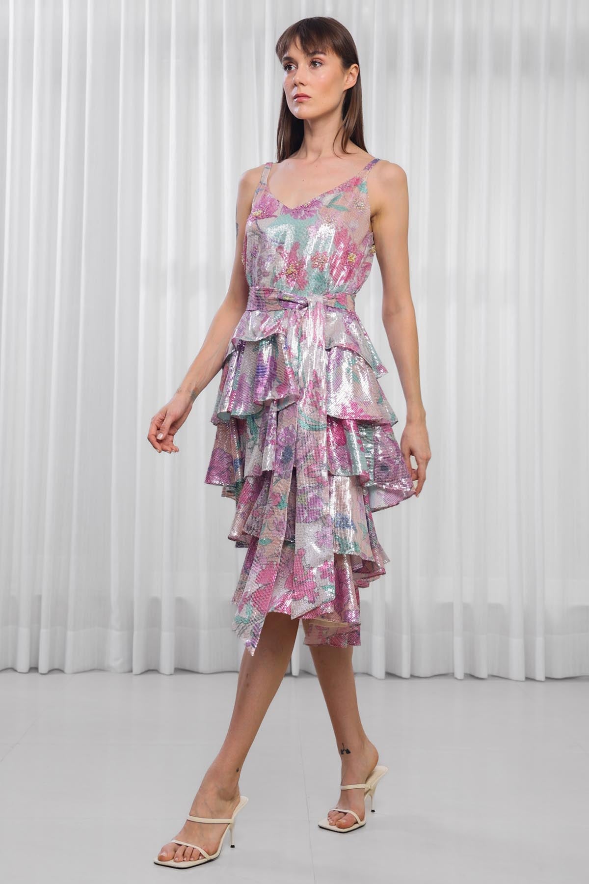 Hisbiscus Printed Sequins Layered Dress
