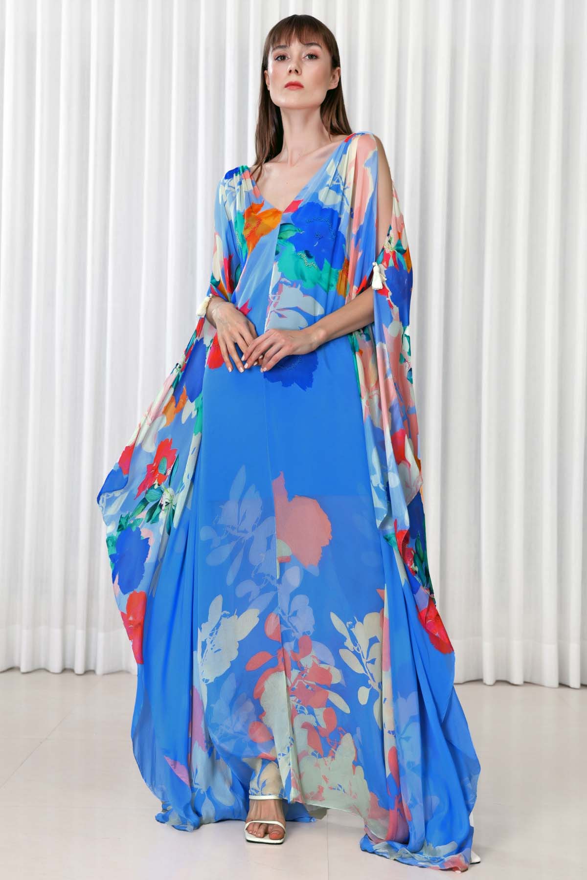 Buy Hibiscus Printed Embroidered Kaftan by Mandira Wirk