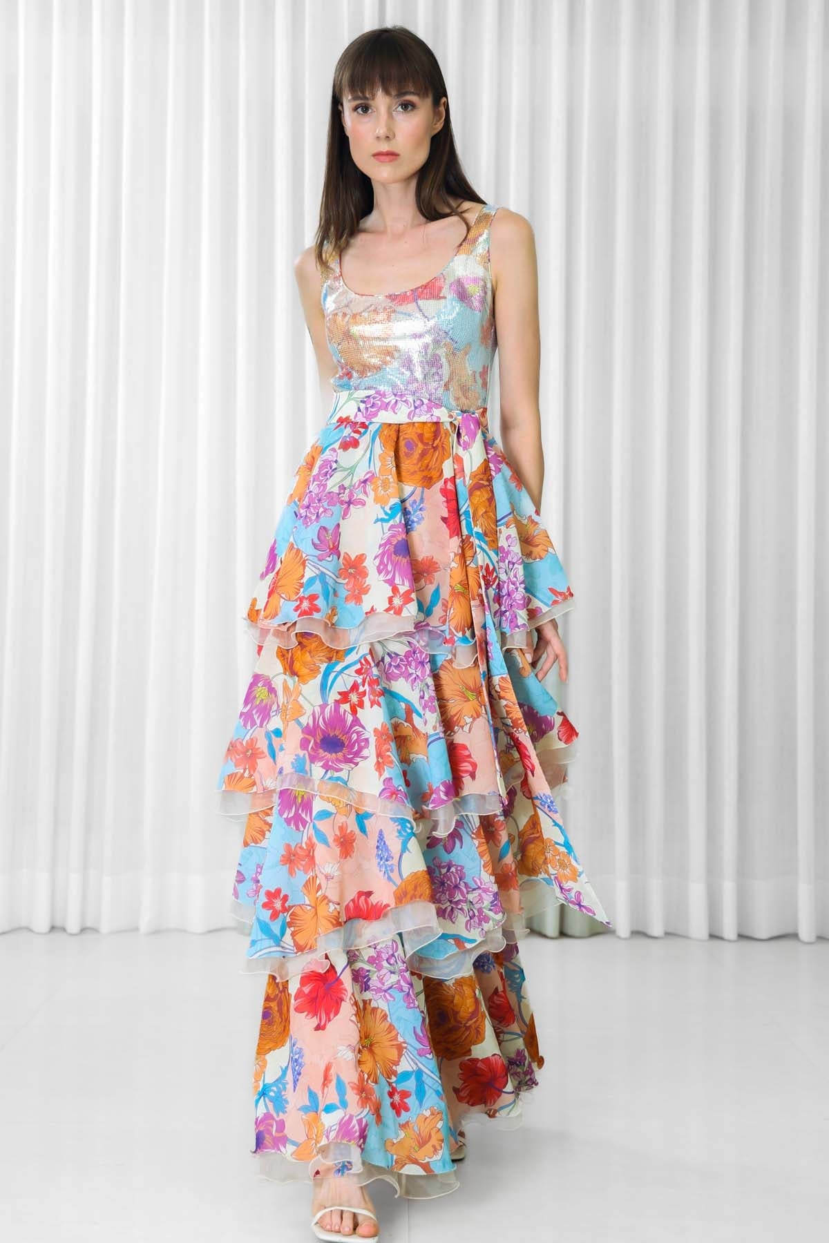 Buy Hisbiscus Printed Organza Dress by Mandira Wirk