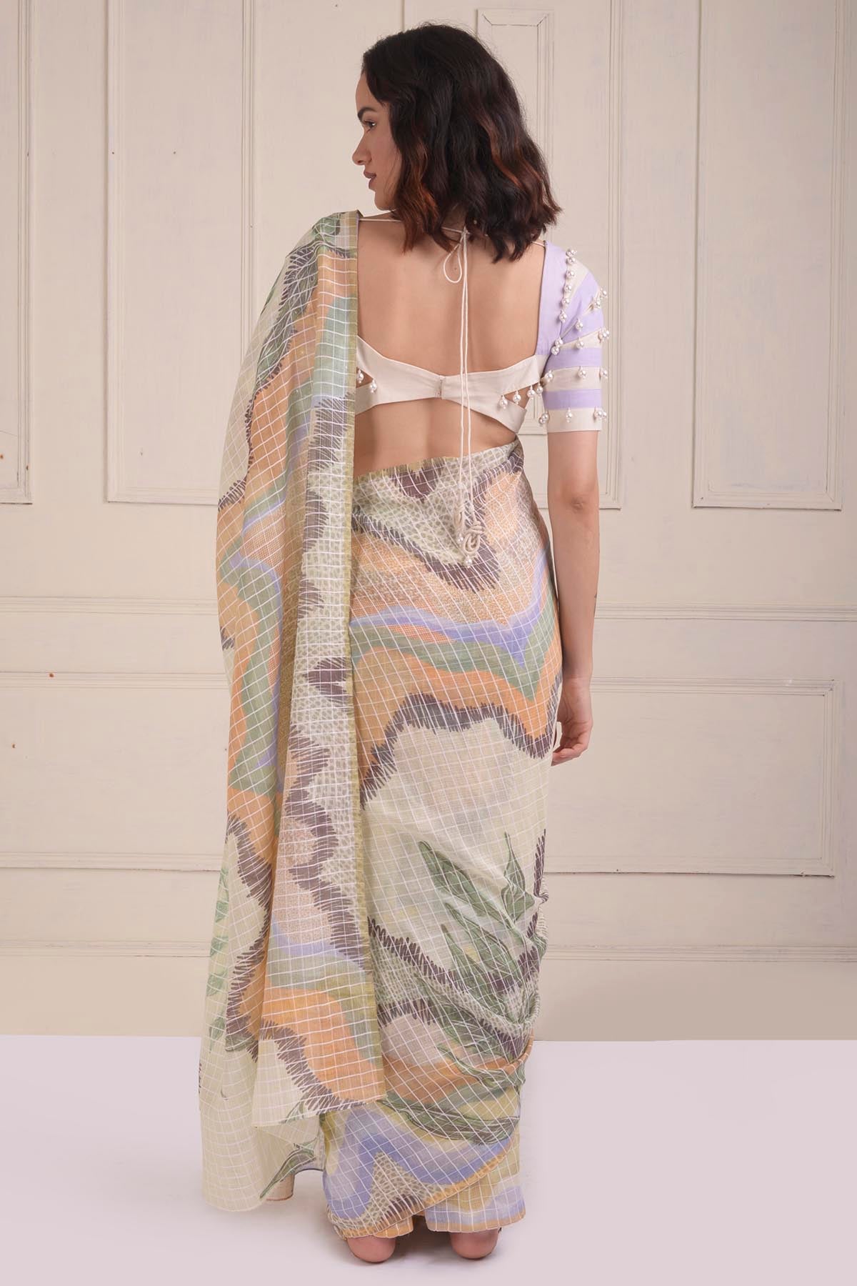 Ivory Checkered Printed Saree