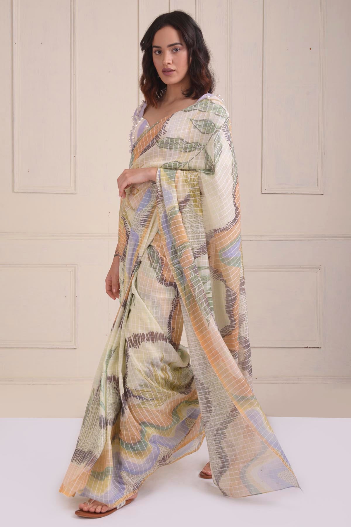 Ivory Checkered Printed Saree