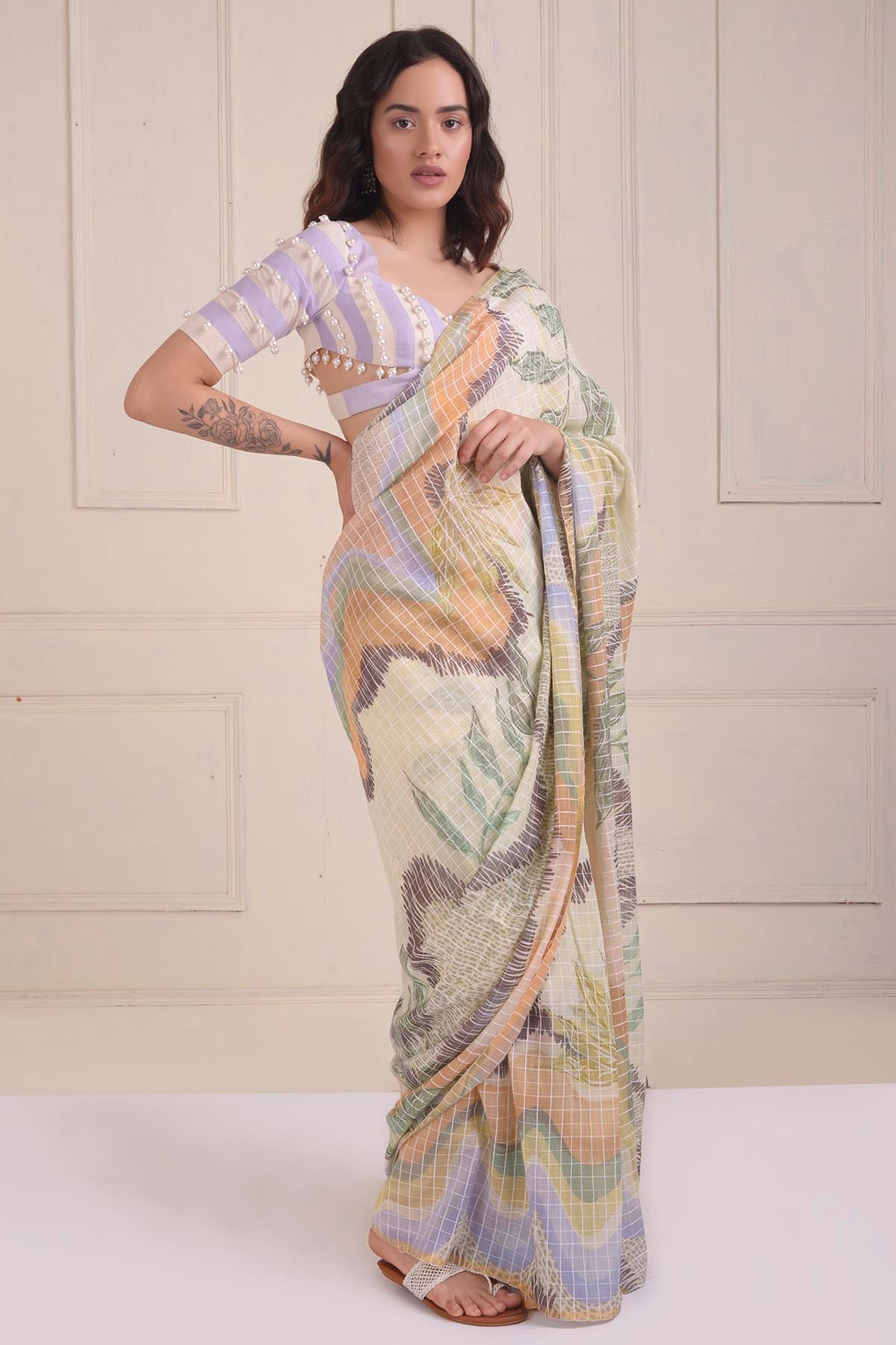 Ivory Checkered Printed Saree