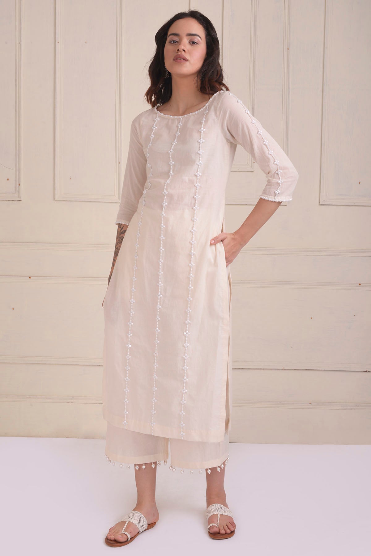 Ivory Cotton Beadwork Kurta Set