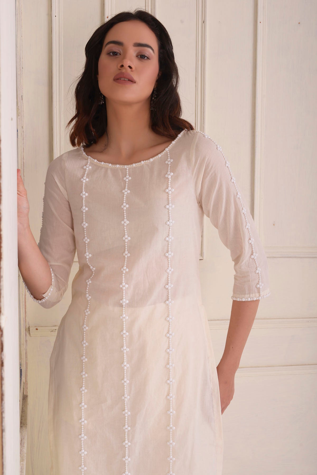 Ivory Cotton Beadwork Kurta Set