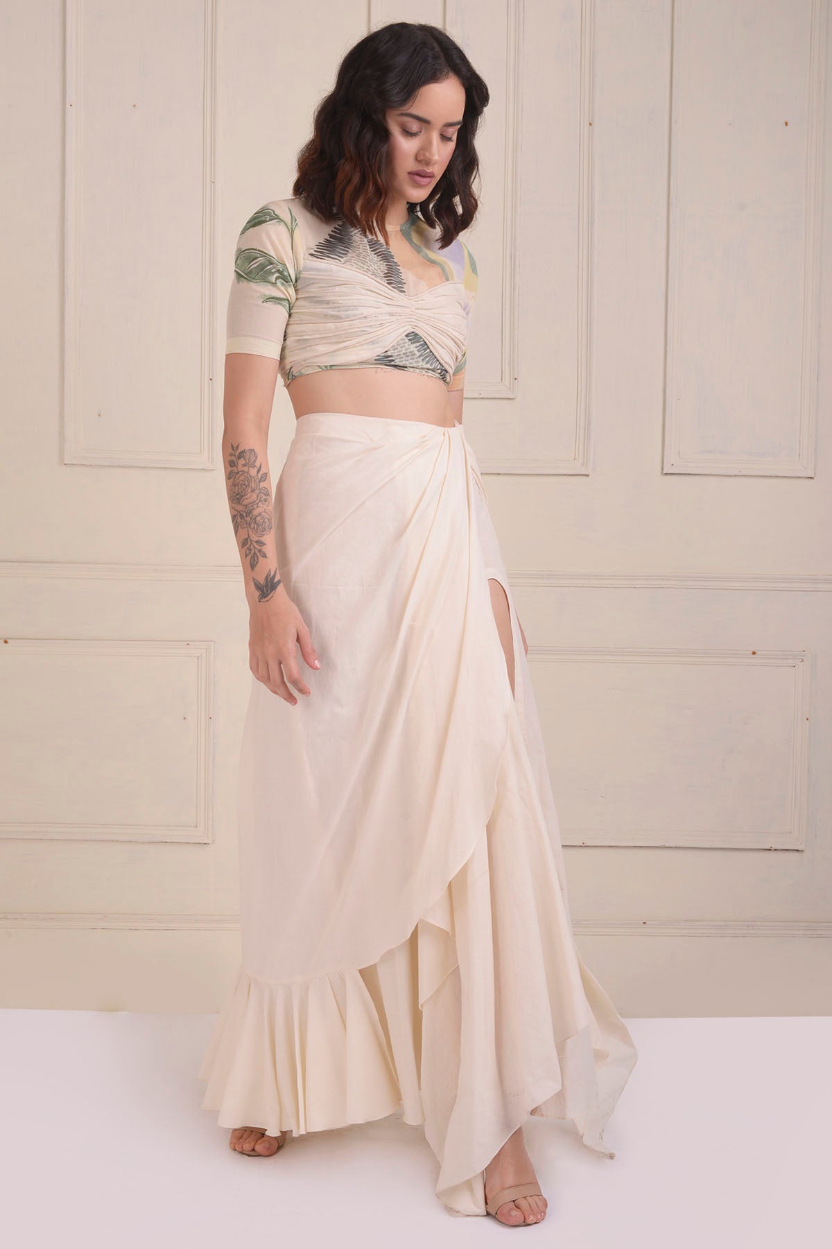 Ivory Ruched Crop Top & Skirt Set