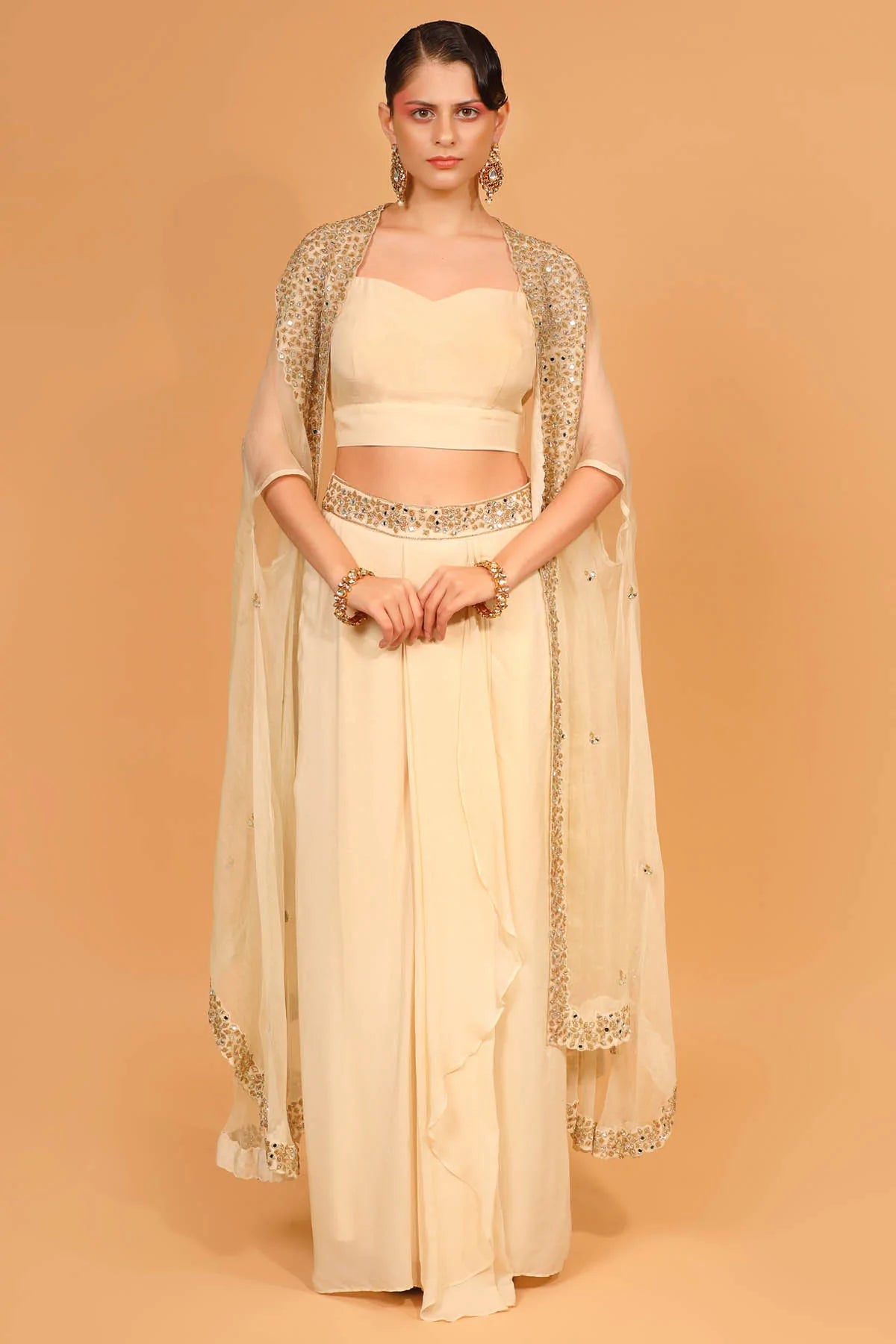 Designer Neha Khullar Ivory Embroidered Cape & Dhoti Set for Women Online