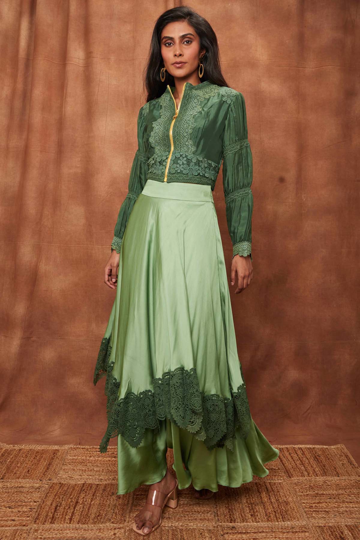 Light Green Silk Jacket & Laced Skirt