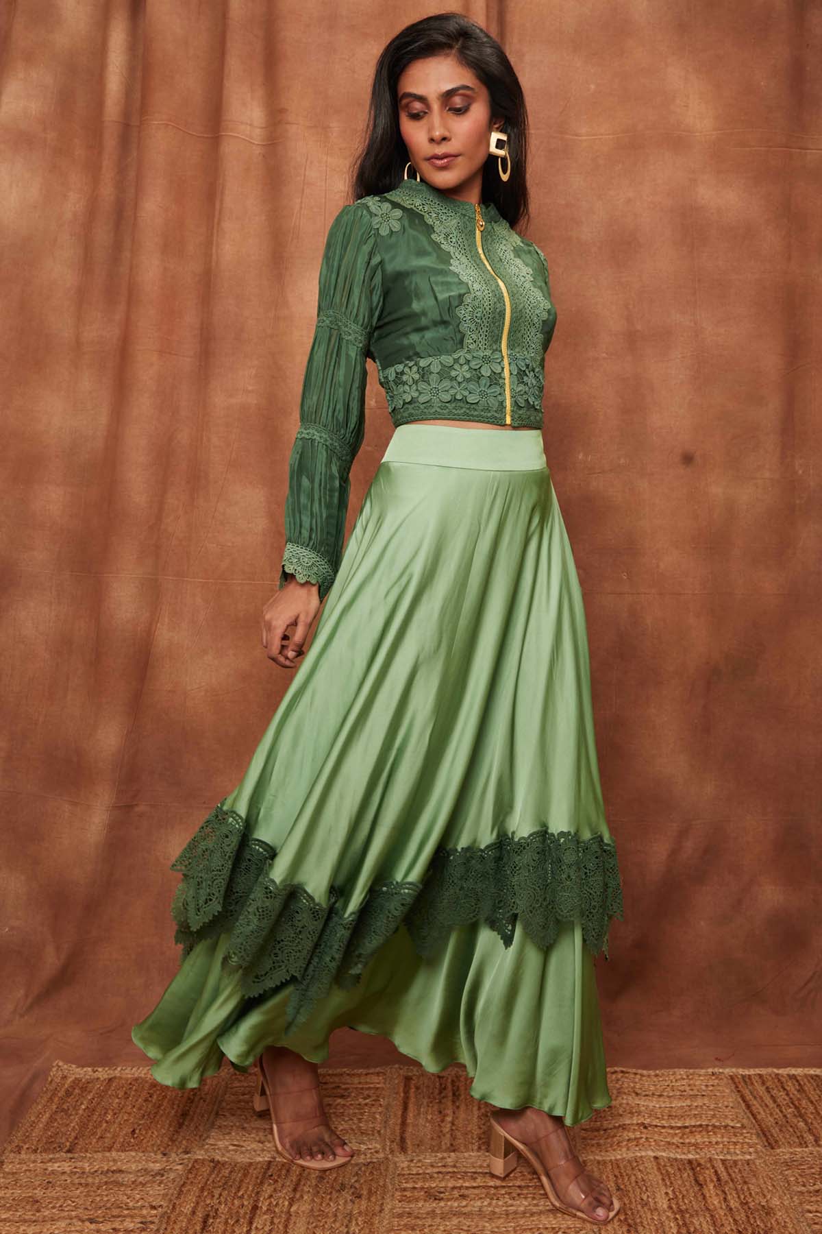 Light Green Silk Jacket & Laced Skirt