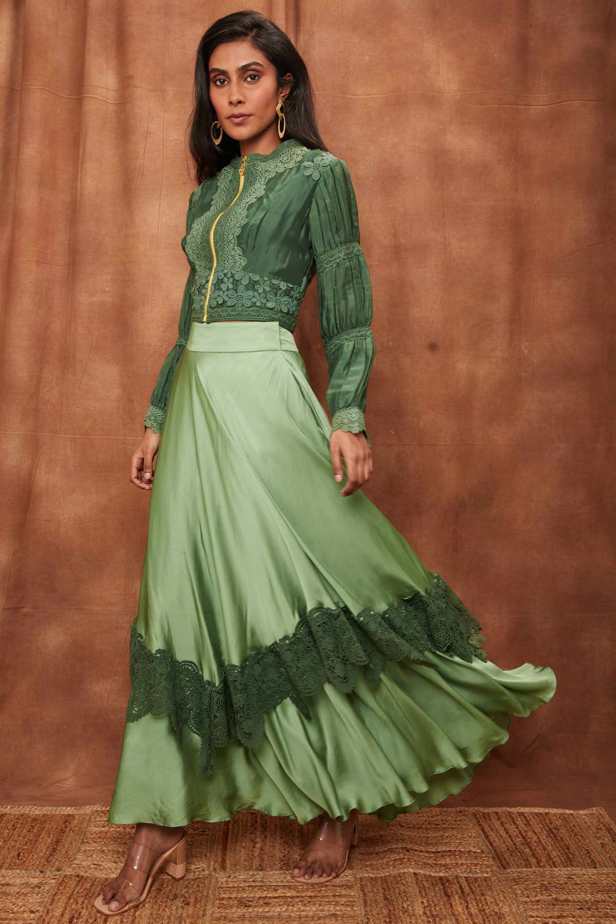 Light Green Silk Jacket & Laced Skirt