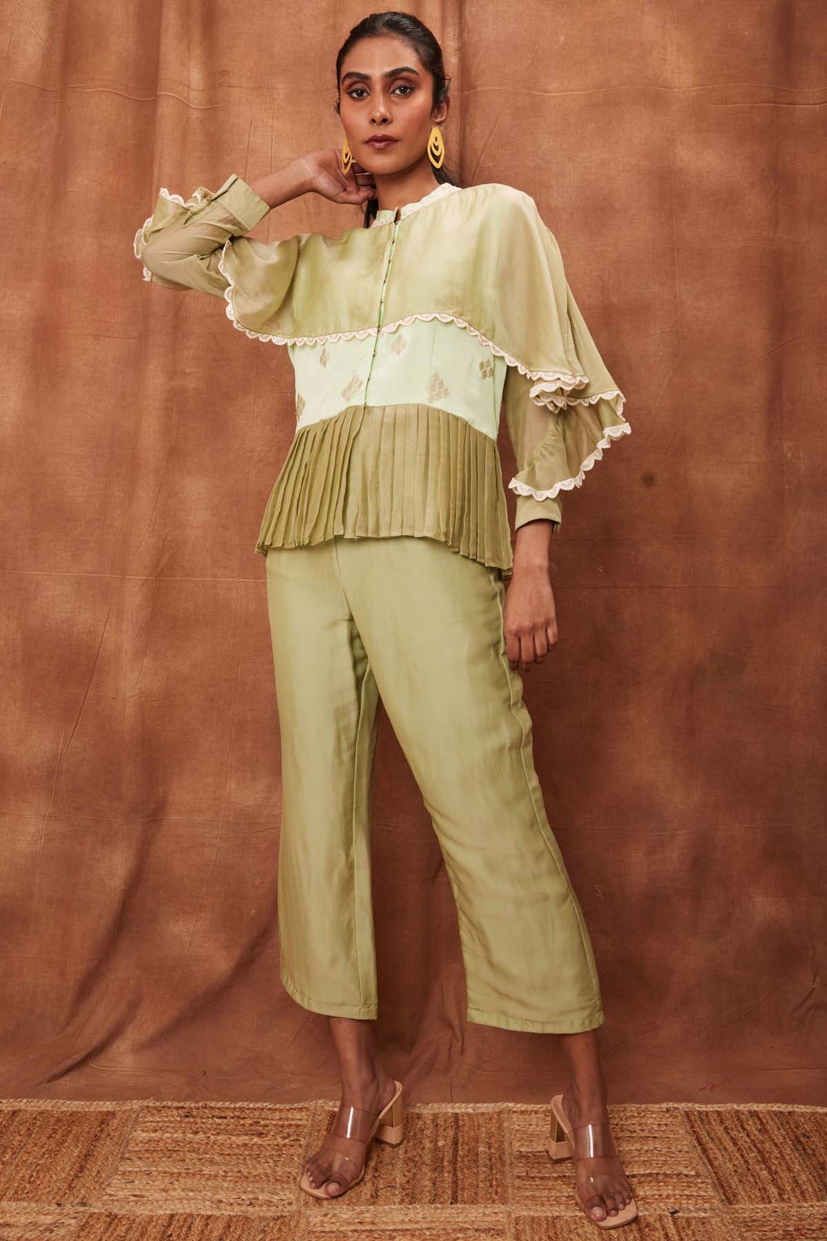 Buy Light Pista Silk Pintuck Top & Pants for Women Online