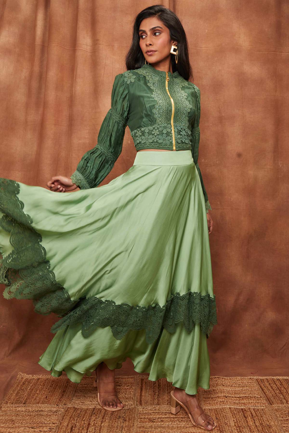 Buy Light Green Silk Jacket & Laced Skirt for Women Online