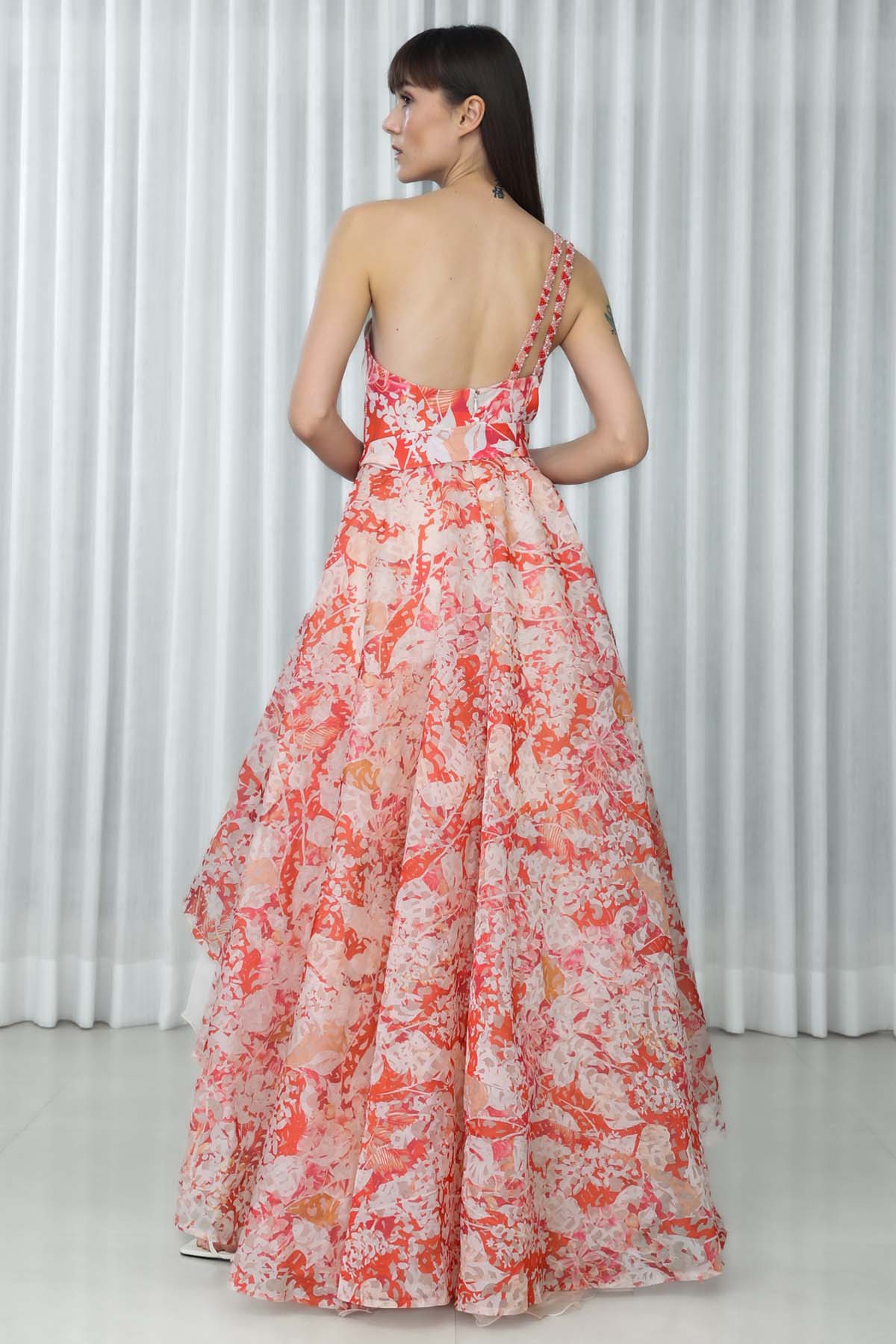 Maple Leaves Printed Embroidered Gown