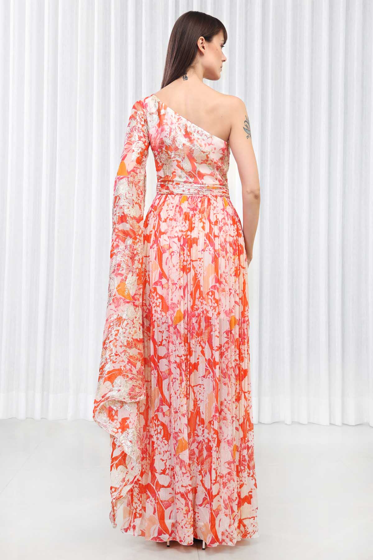 Maple Leaves Printed One Shoulder Dress