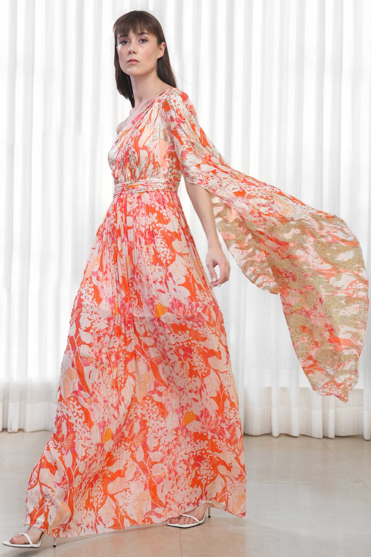 Maple Leaves Printed One Shoulder Dress