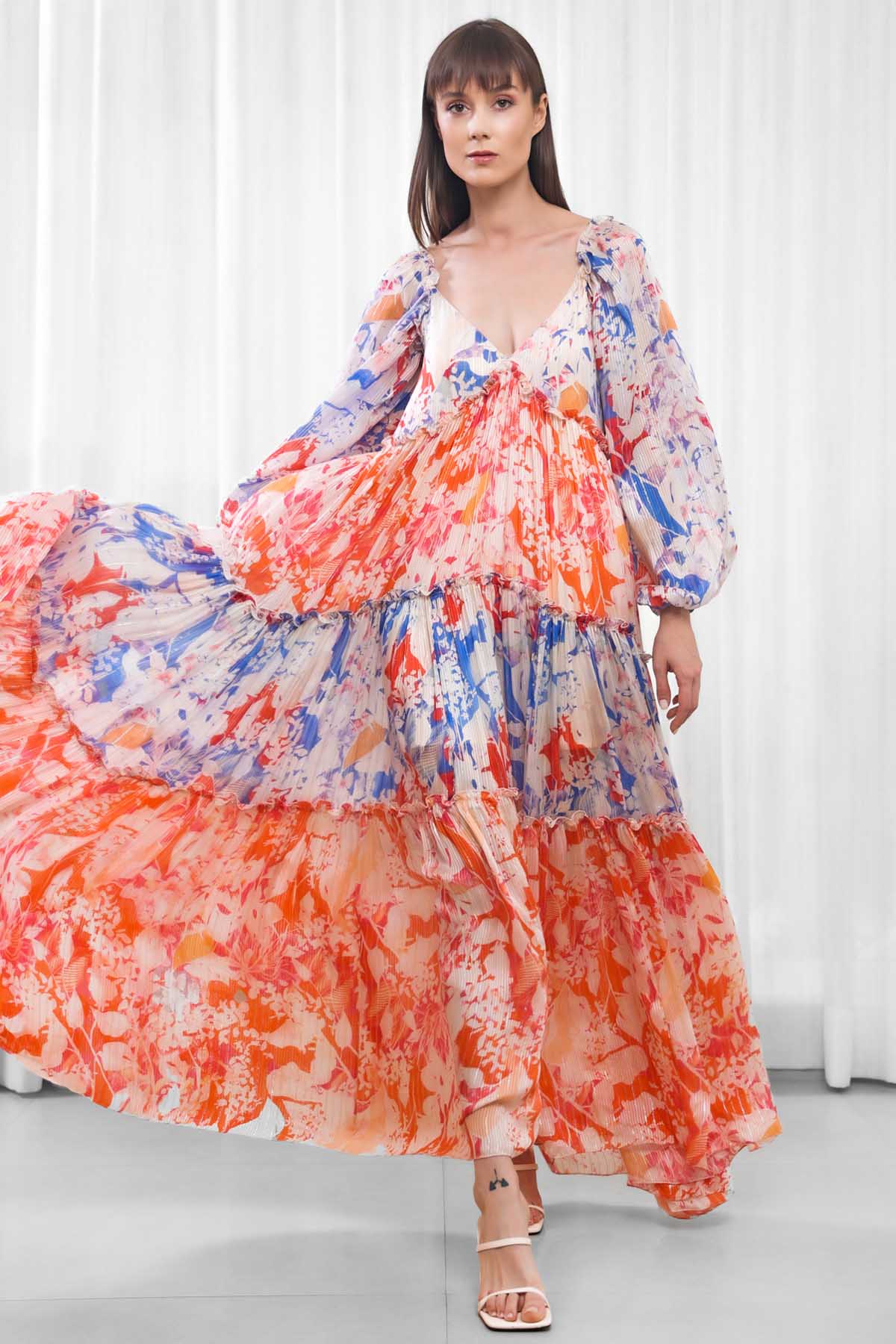 Maple Leaves Printed Tiered Dress