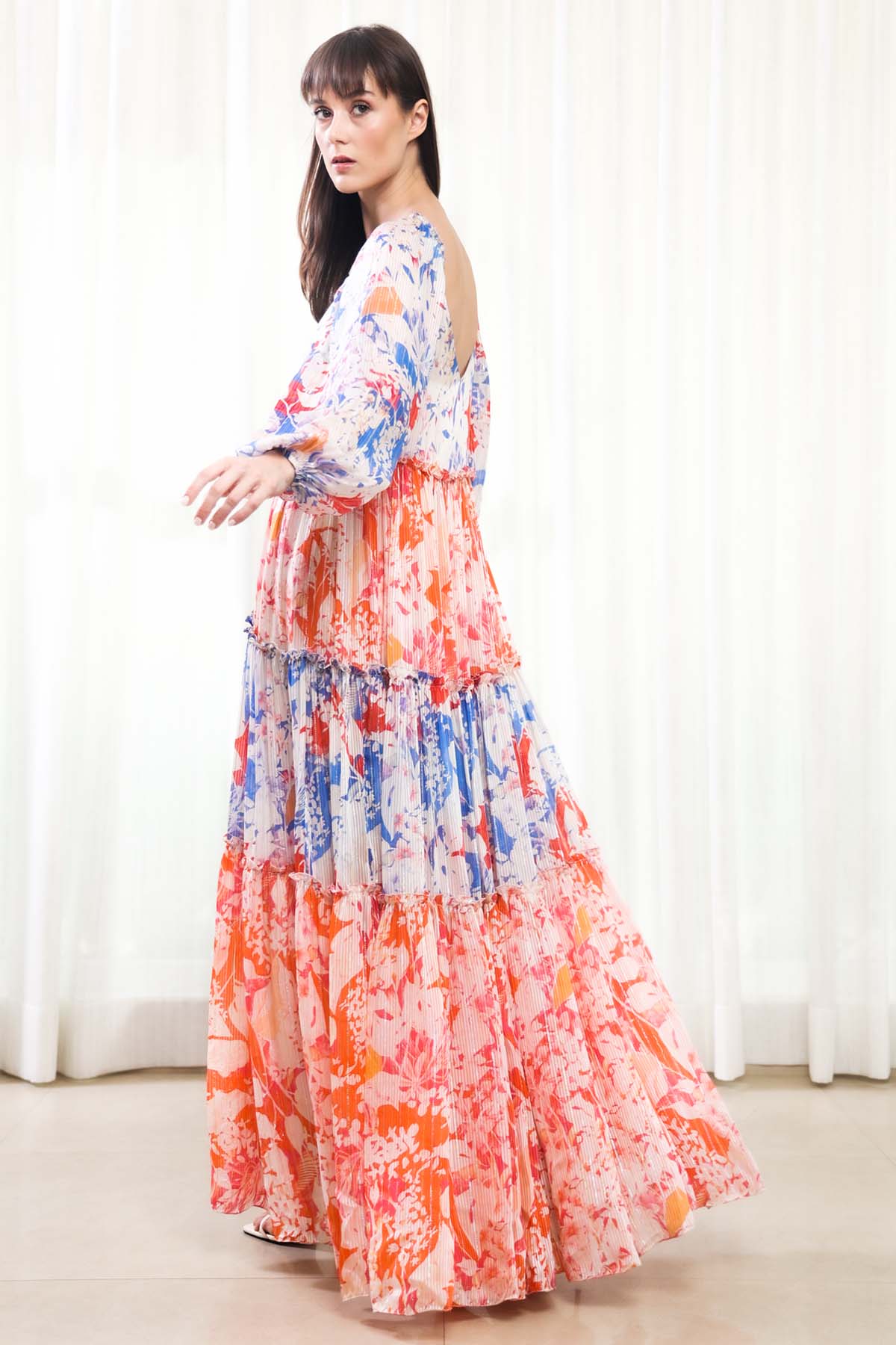 Maple Leaves Printed Tiered Dress