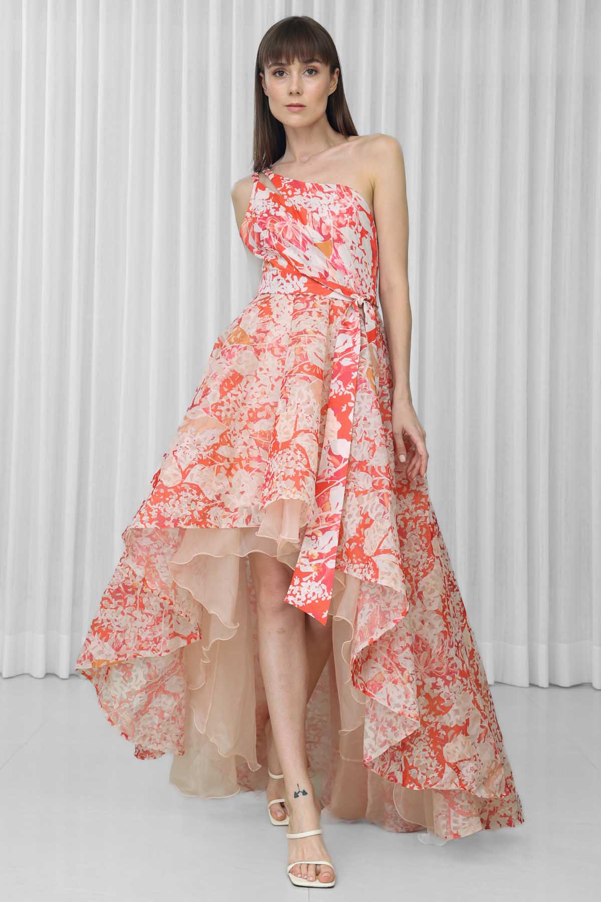 Buy Maple Leaves Printed Embroidered Gown by Mandira Wirk