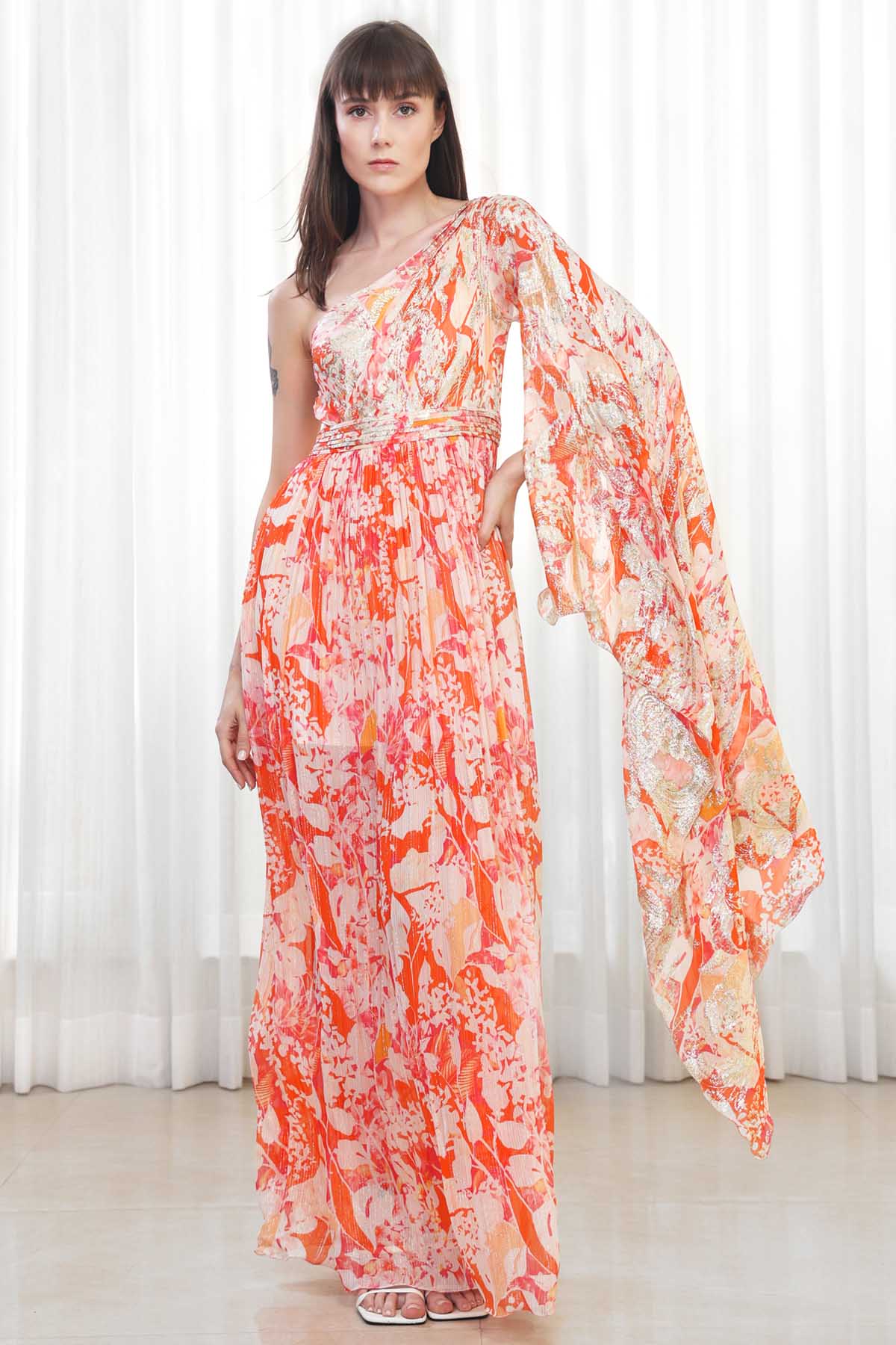 Buy Maple Leaves Printed One Shoulder Dress by Mandira Wirk