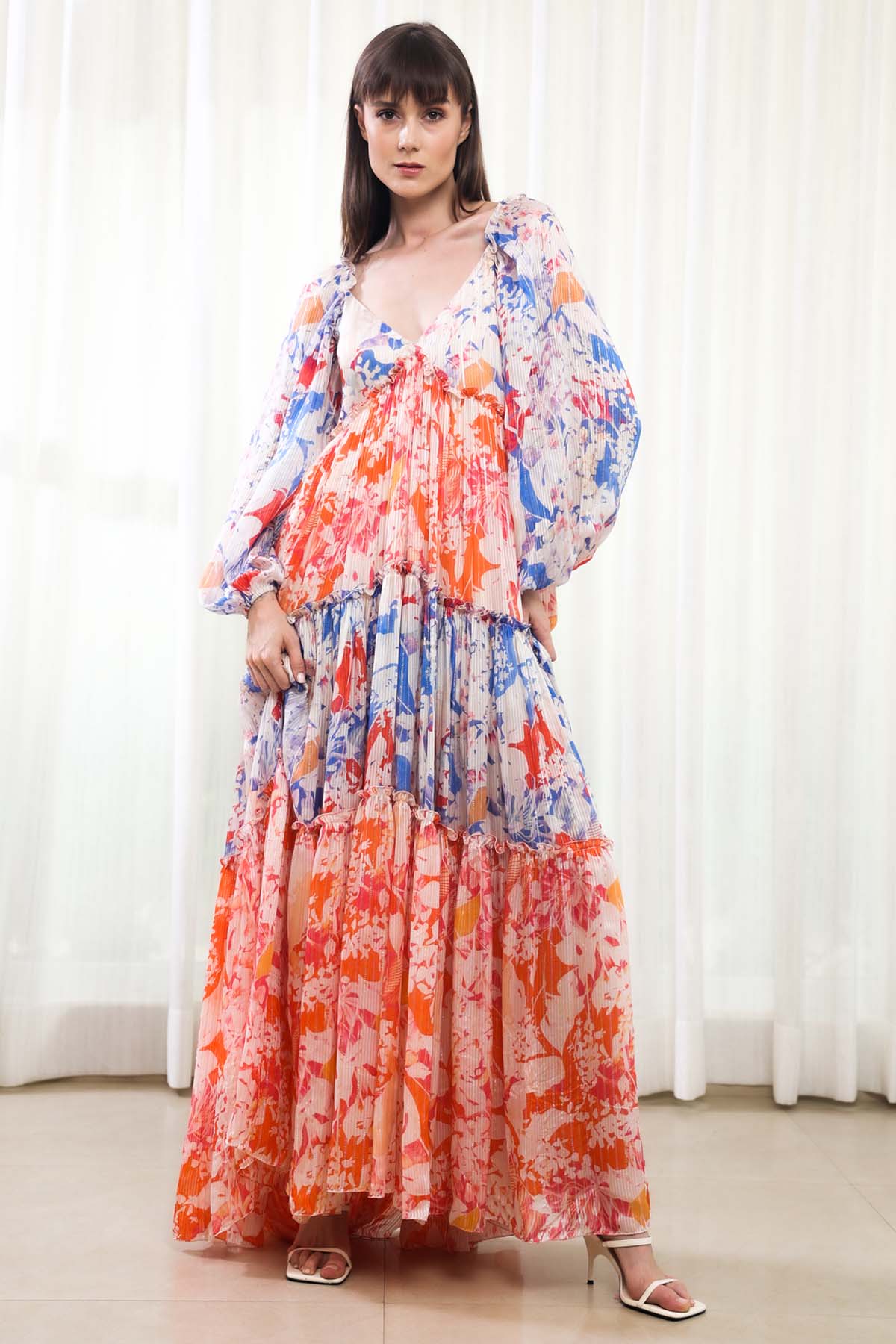 Buy Maple Leaves Printed Tiered Dress by Mandira Wirk