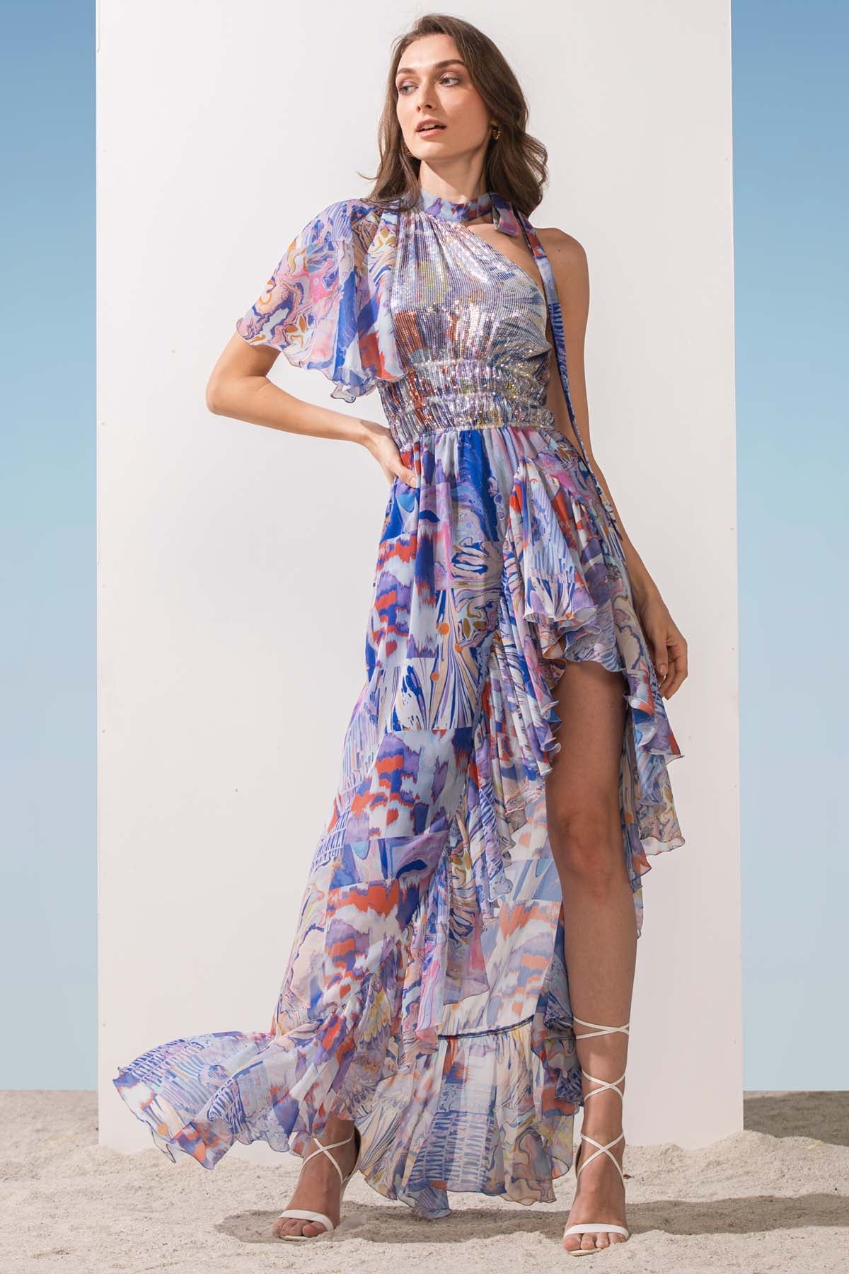 Buy Marbling Printed Chiffon Dress by Mandira Wirk