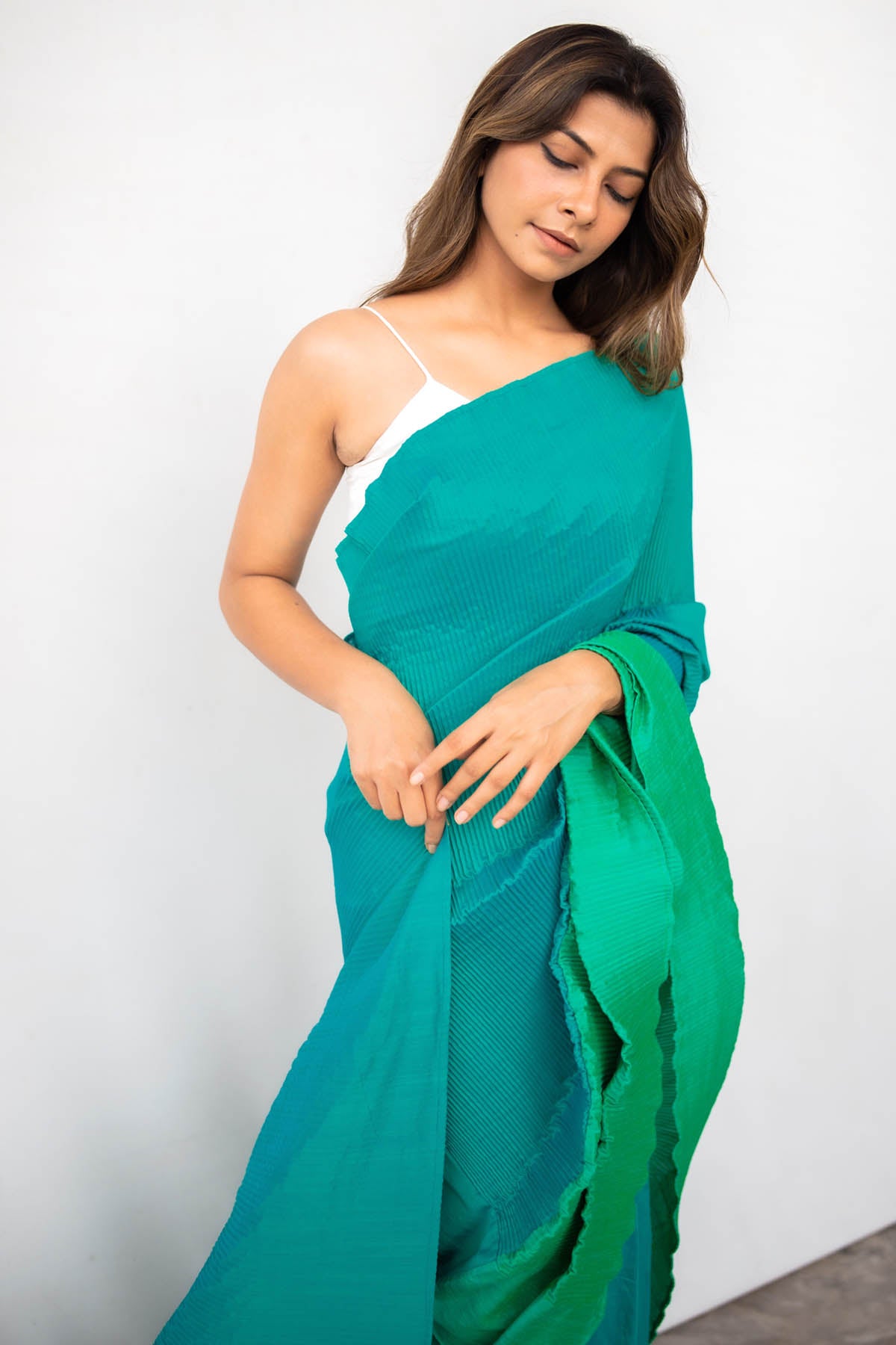 Marine Mist Slub Silk Drape Saree