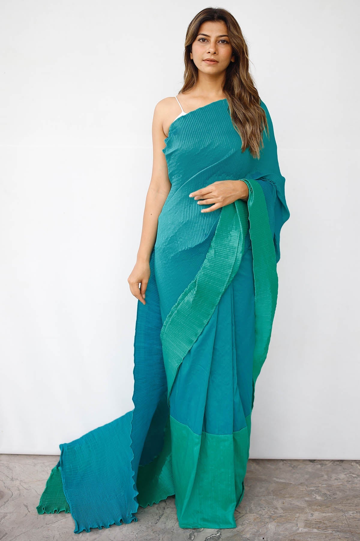 Buy Marine Mist Slub Silk Drape Saree For Women's available at ScrollnShops