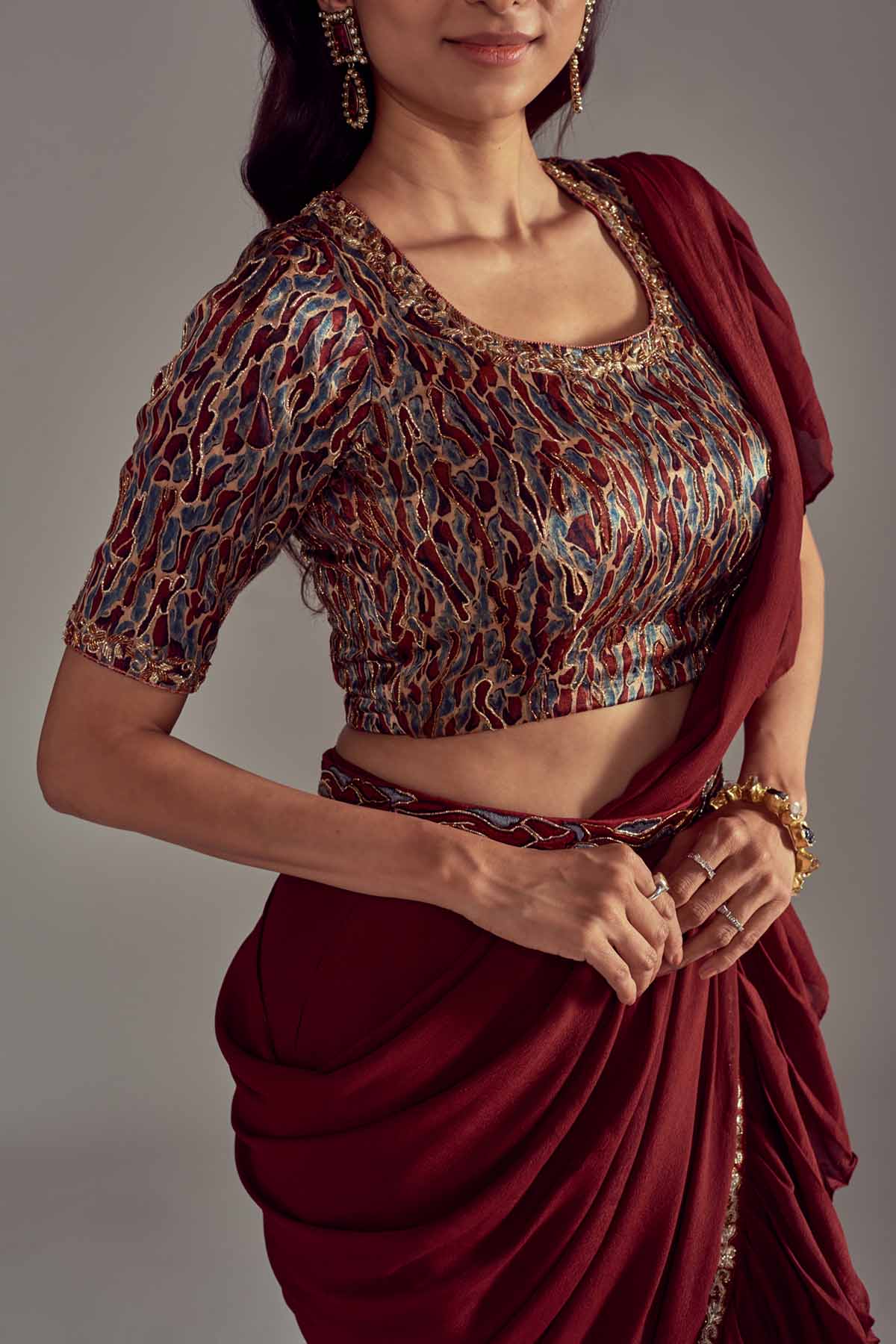 Maroon Embroidered Ruffle Saree Set