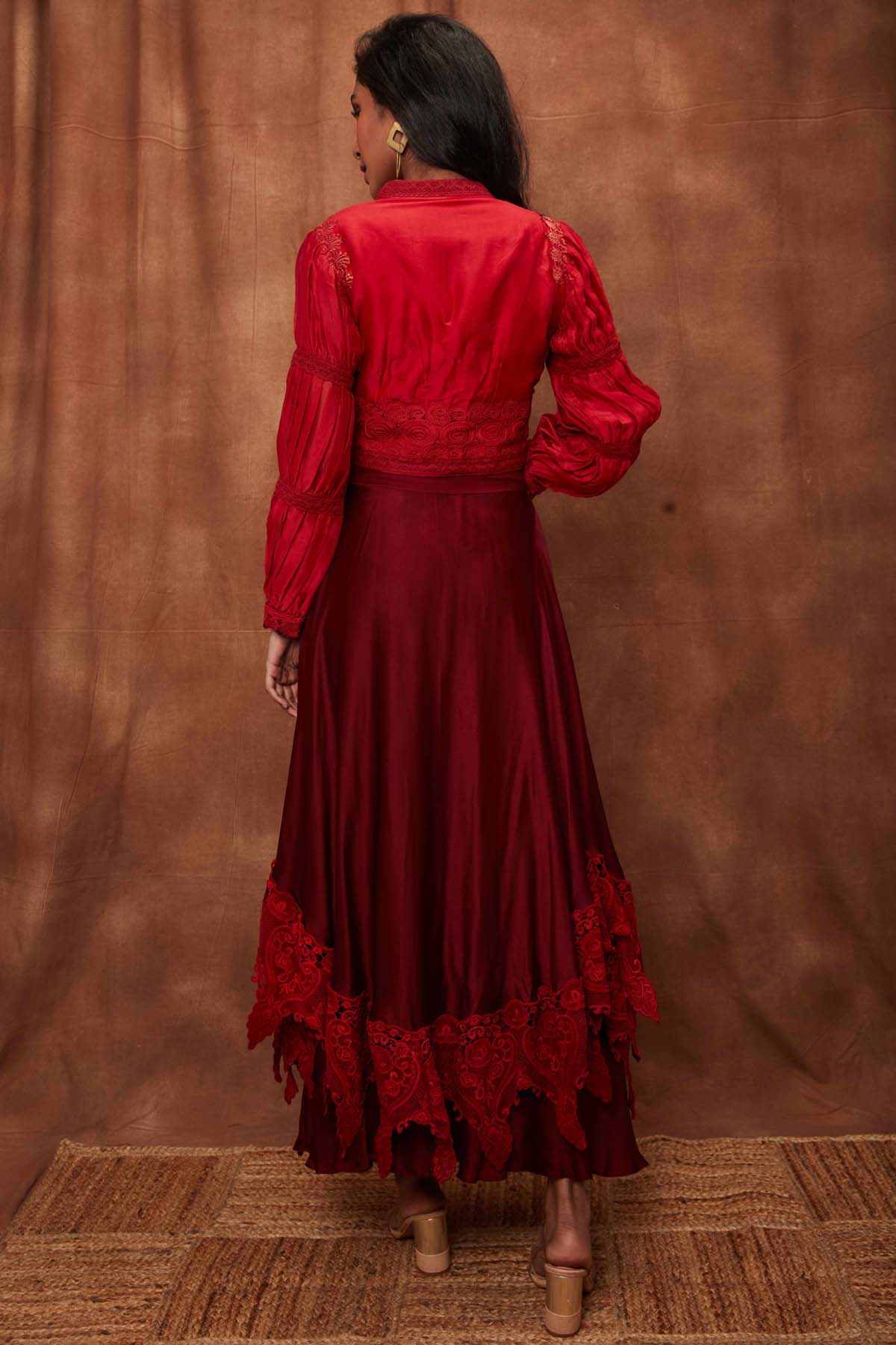 Maroon Silk Jacket & Laced Skirt