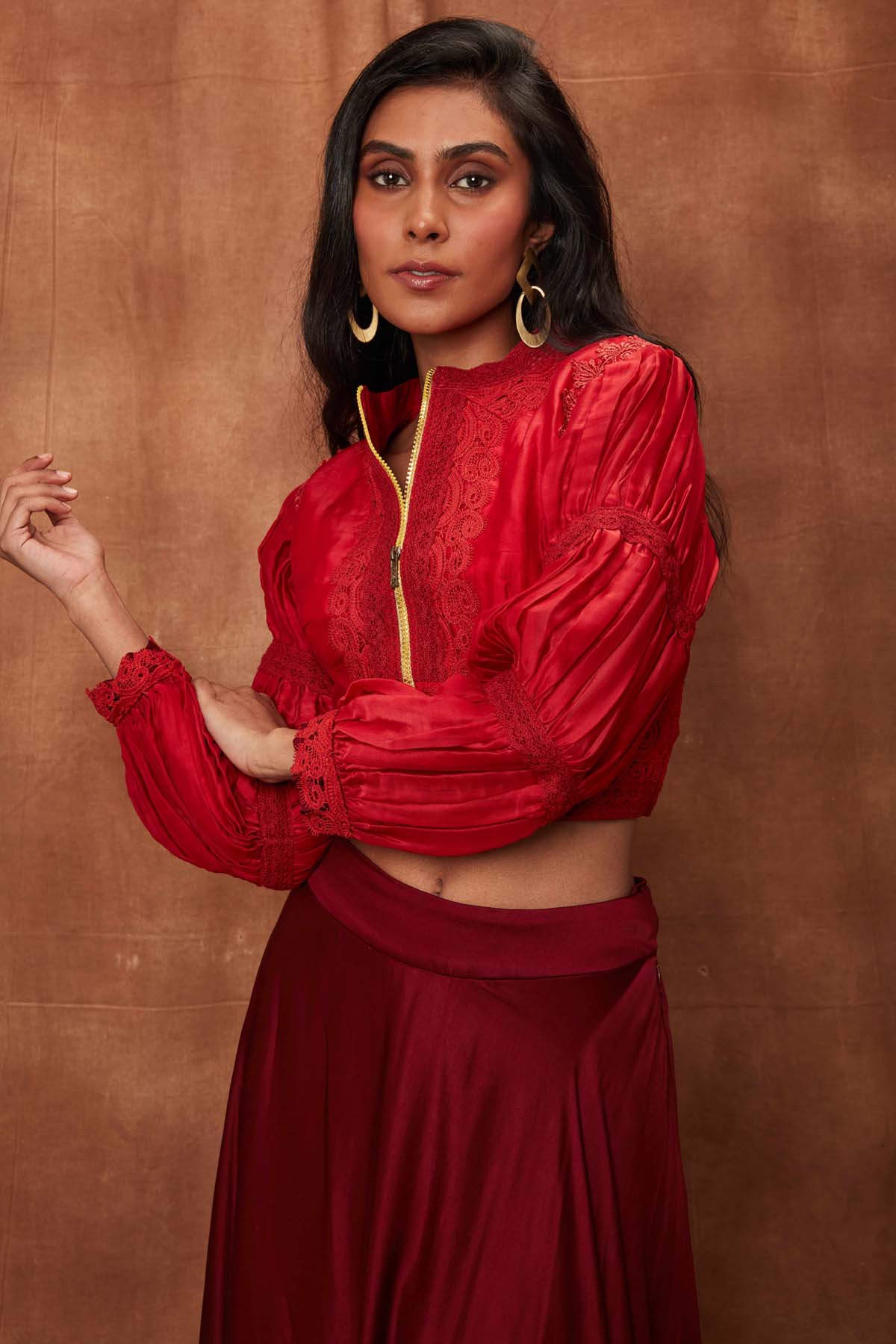 Maroon Silk Jacket & Laced Skirt