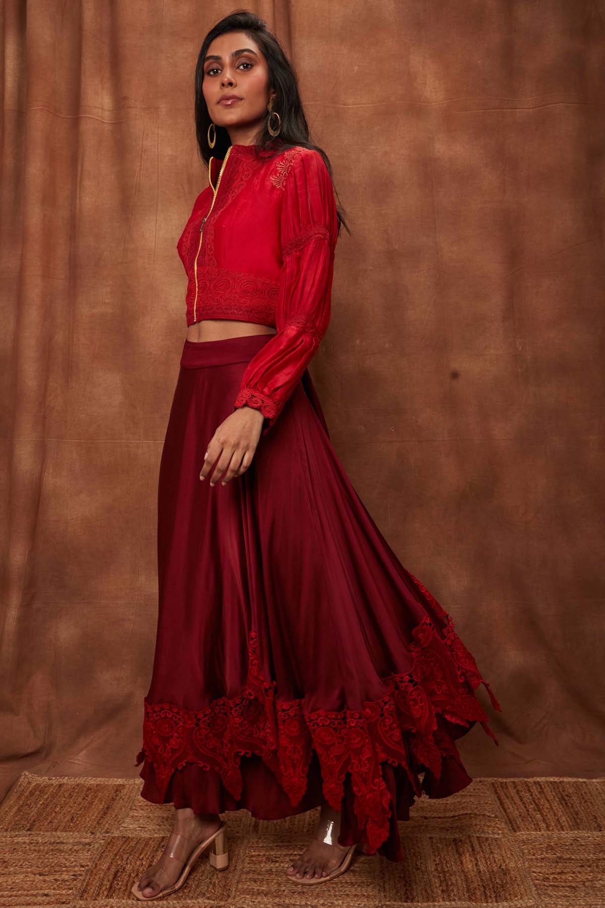 Maroon Silk Jacket & Laced Skirt