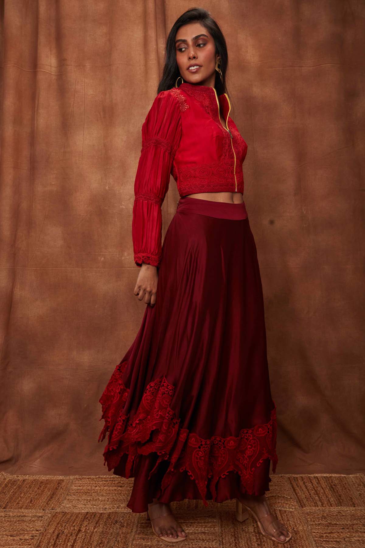 Maroon Silk Jacket & Laced Skirt