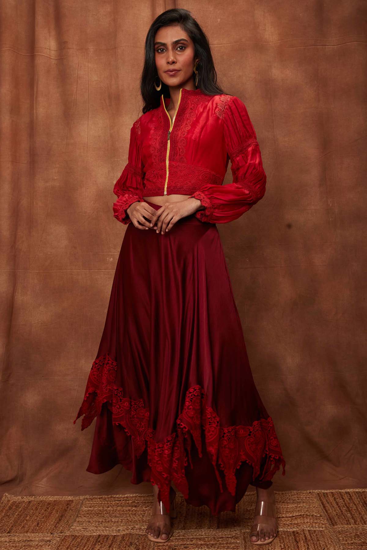 Buy Maroon Silk Jacket & Laced Skirt for Women Online