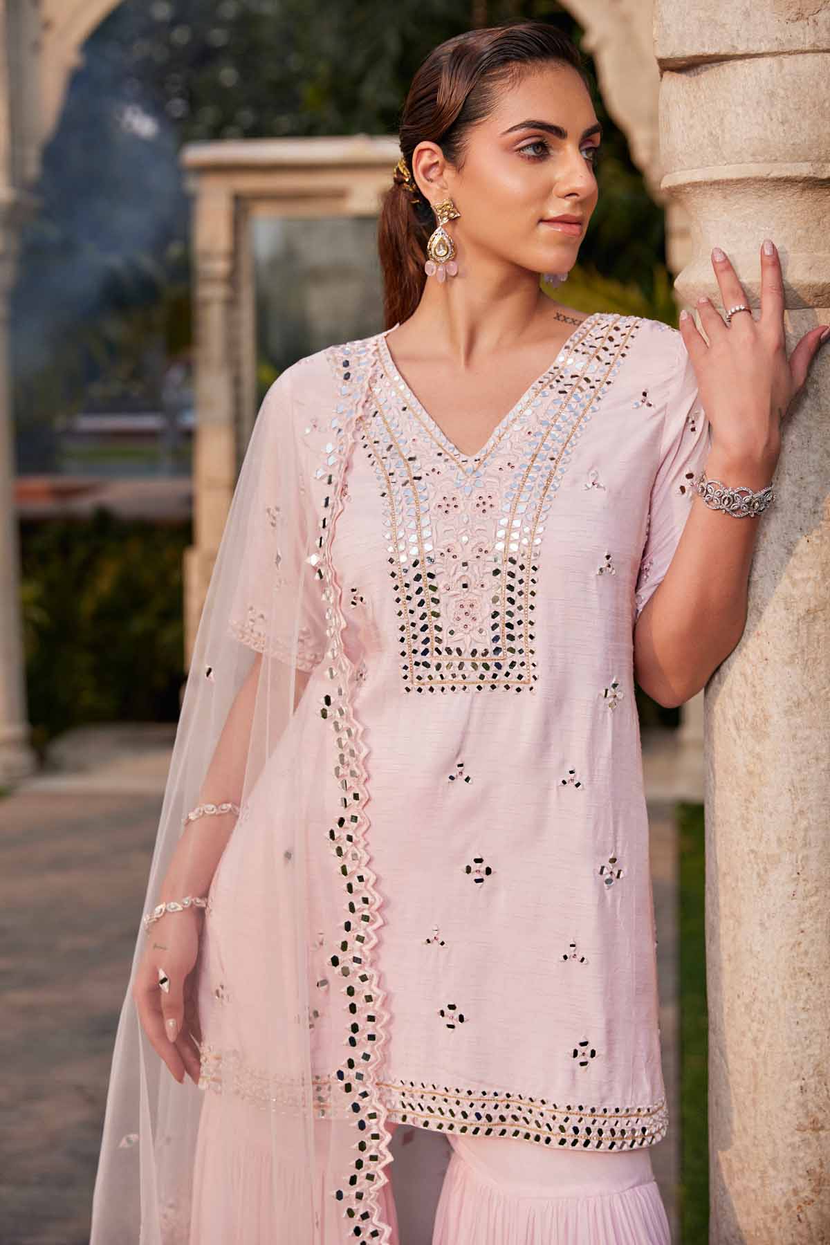 Pink Mirror Work Short Kurta Set