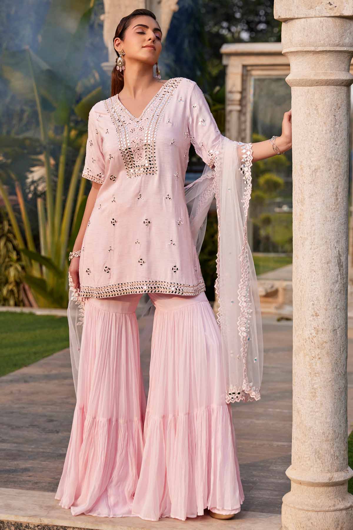 Pink Mirror Work Short Kurta Set