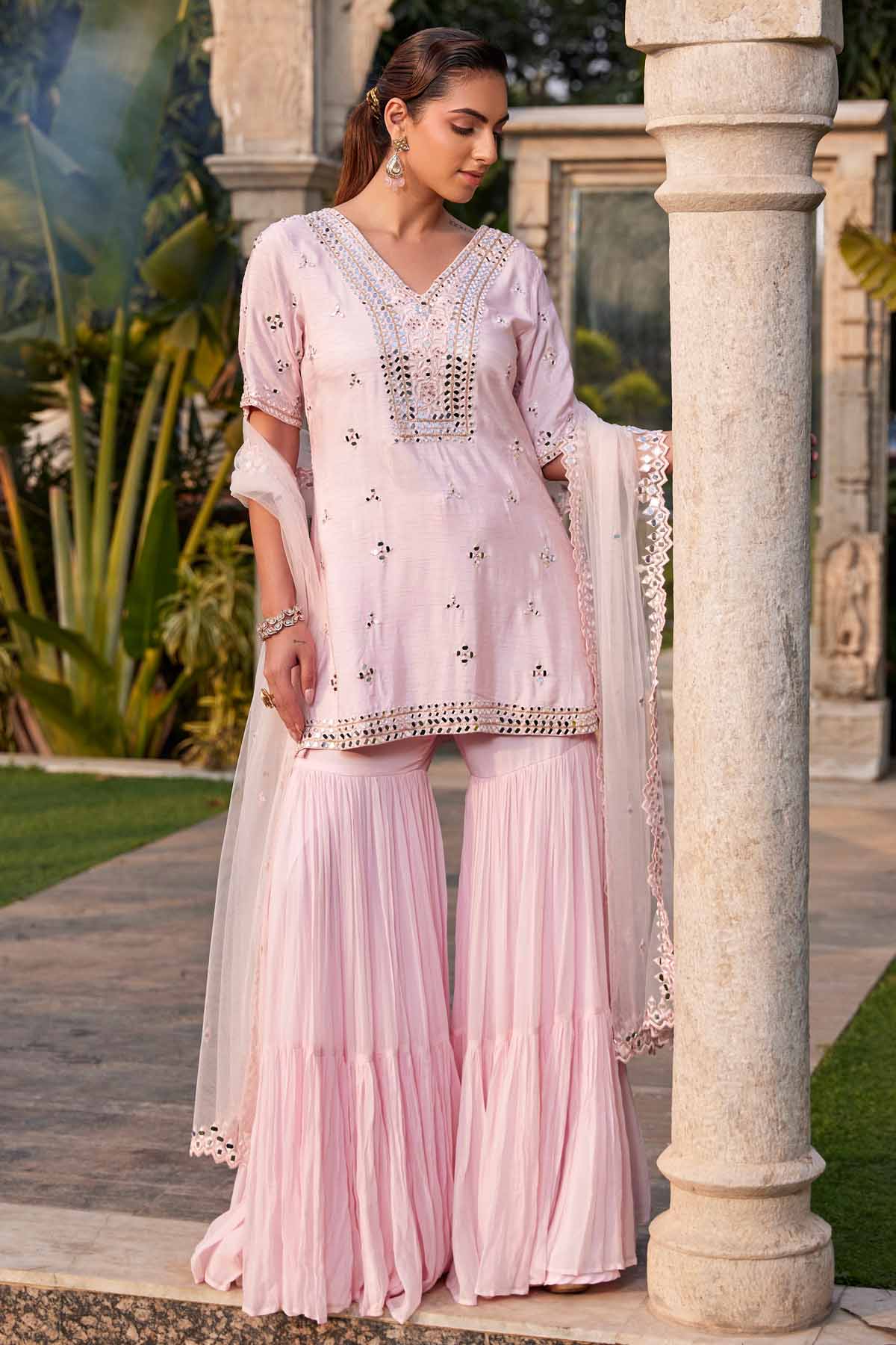 Pink Mirror Work Short Kurta Set