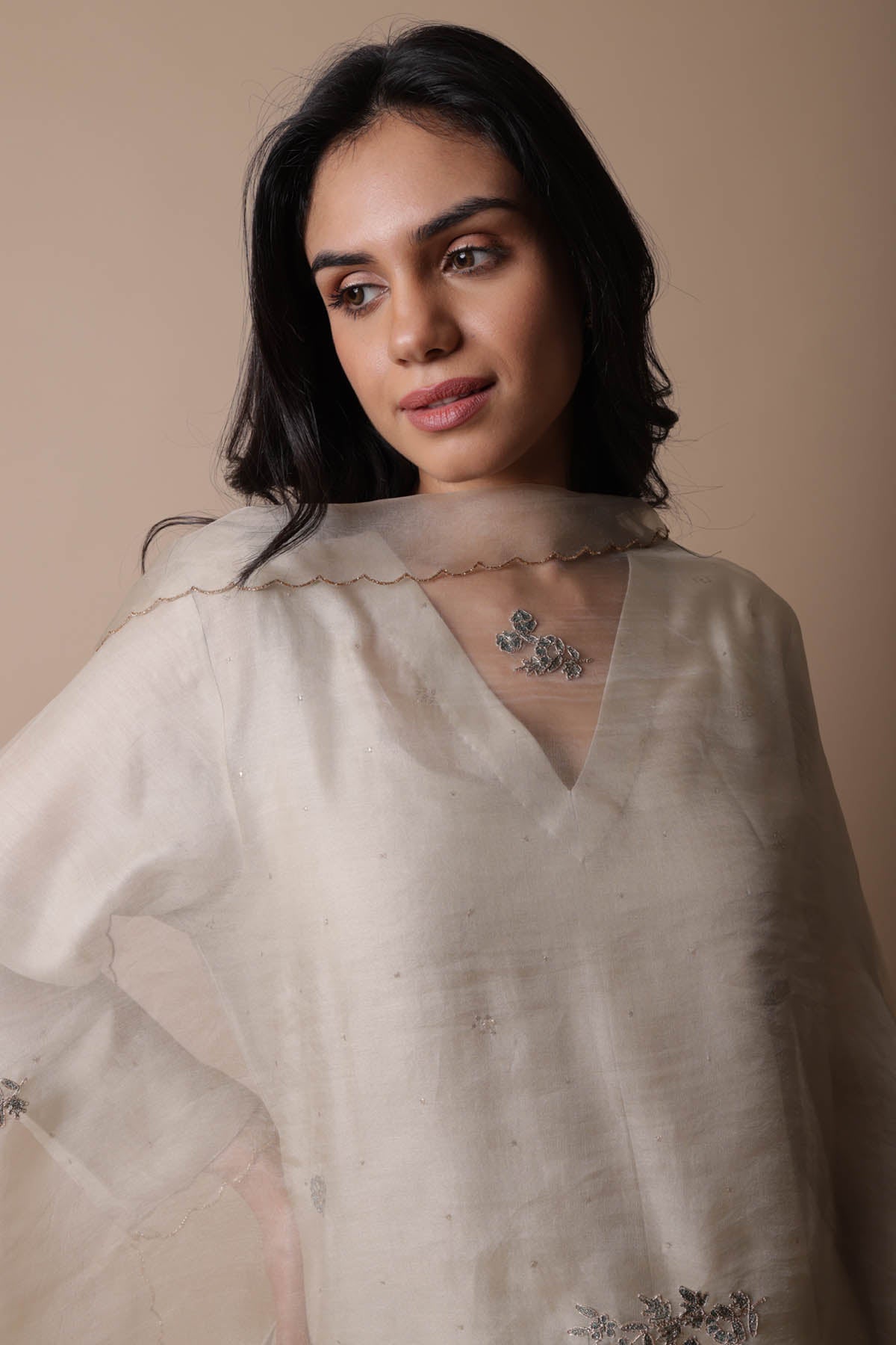 Beige Mukaish Work Kurta Set