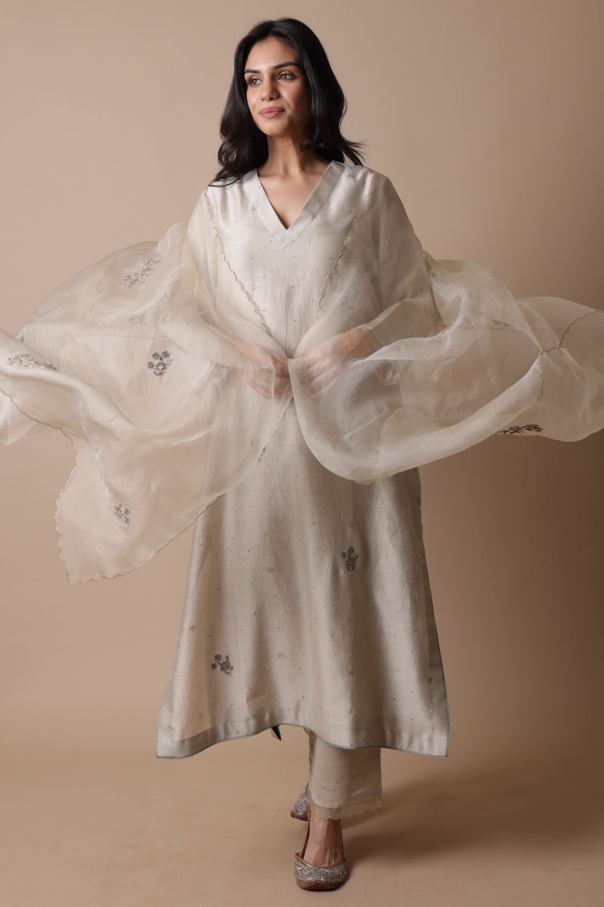 Beige Mukaish Work Kurta Set