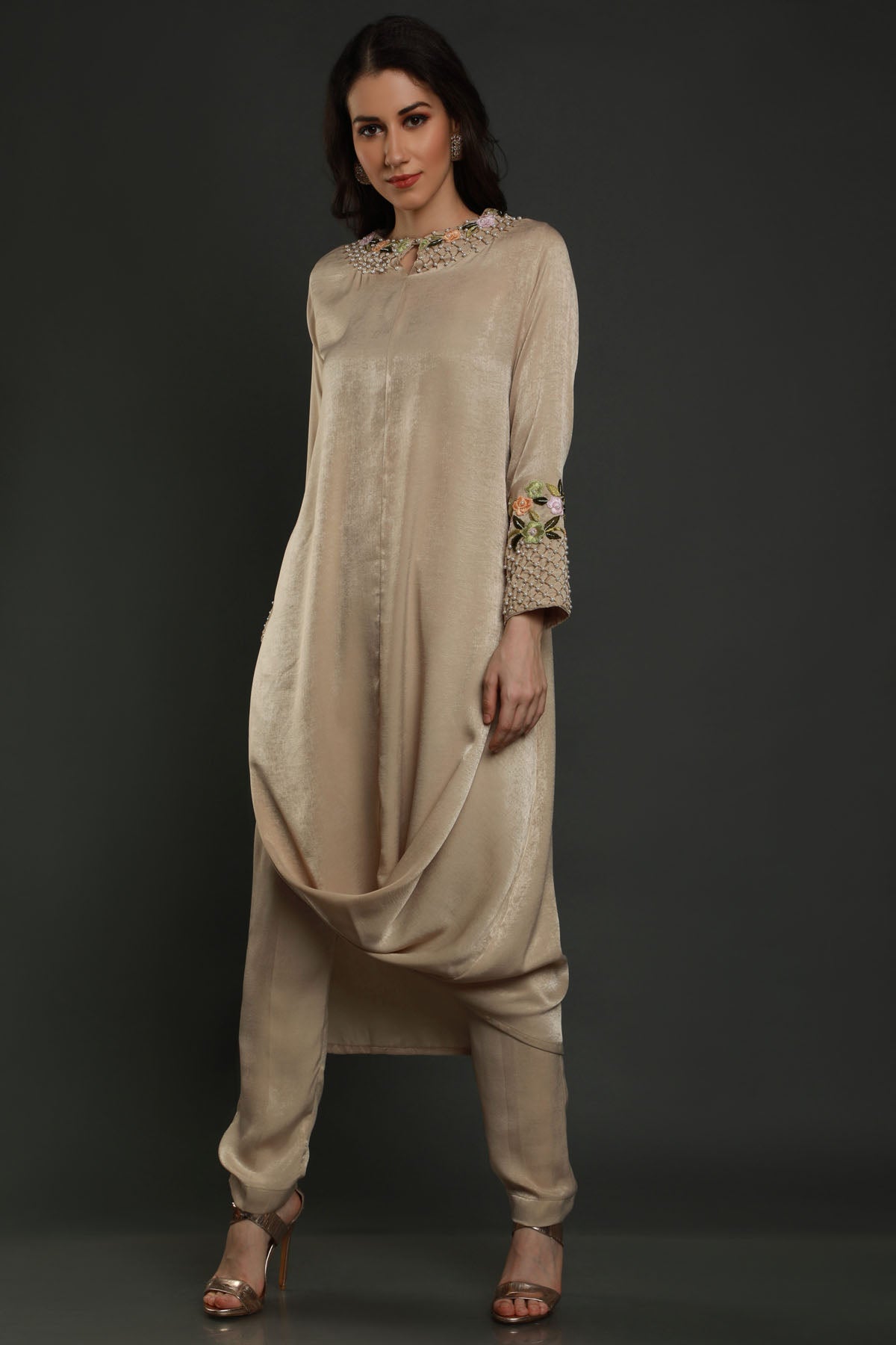 Beige Crepe Drape Tunic & Pants