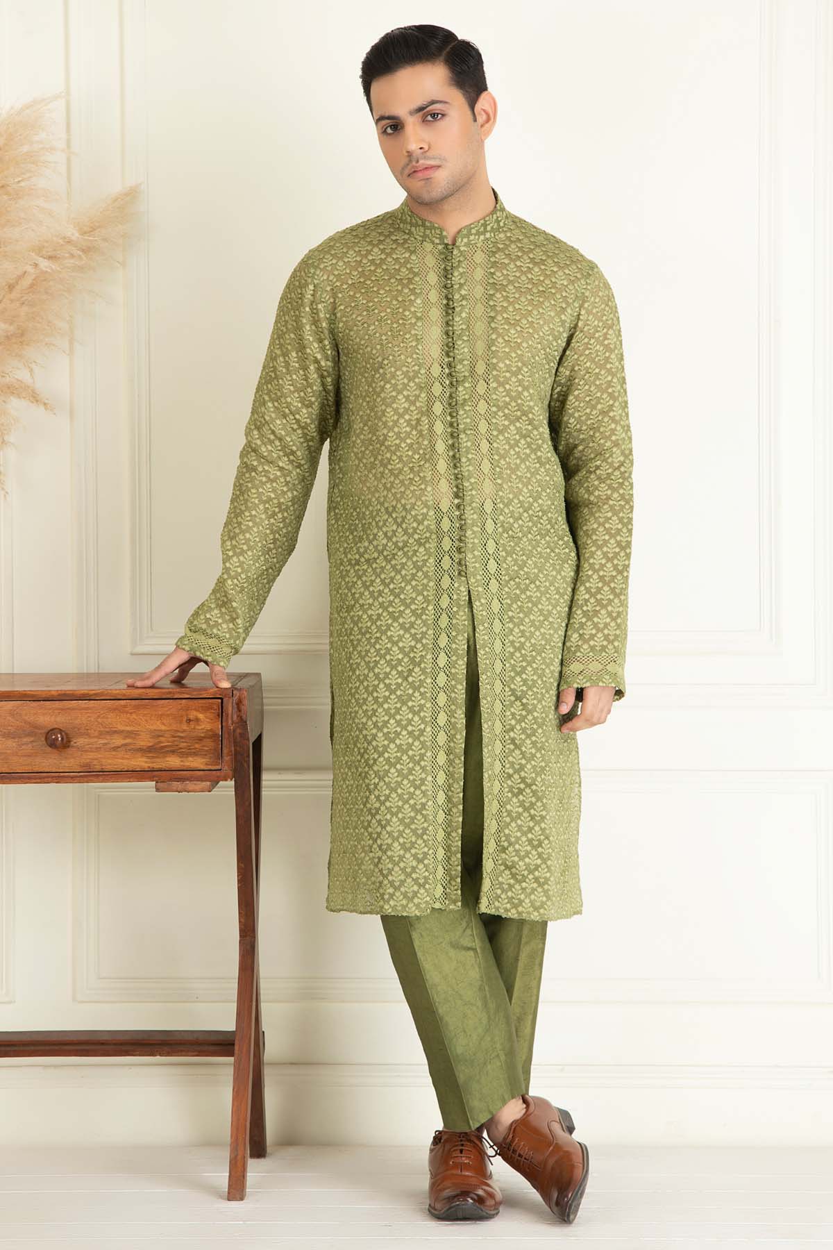 Olive Green Jacquard Kurta Set