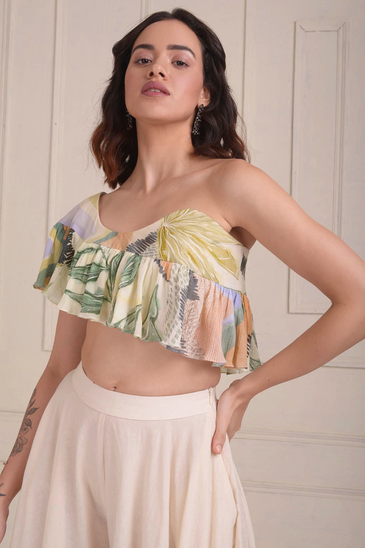 One Shoulder Crop Top & Sharara Set